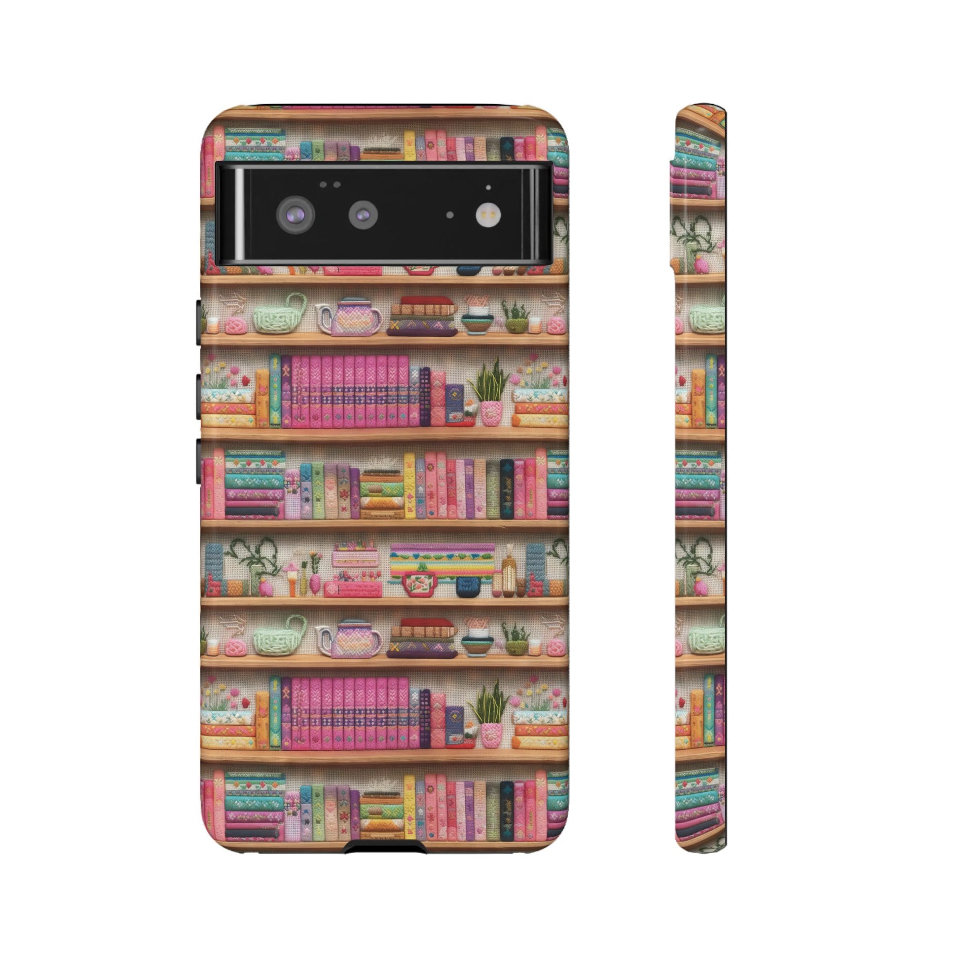 Whimsical 3D Embroidery Illusion Books on Pastel Shelves Phone Case for iPhone, Samsung & Pixel: Unique Accessory for Literary Enthusiasts Gift for Her Perfect for Floral Lover