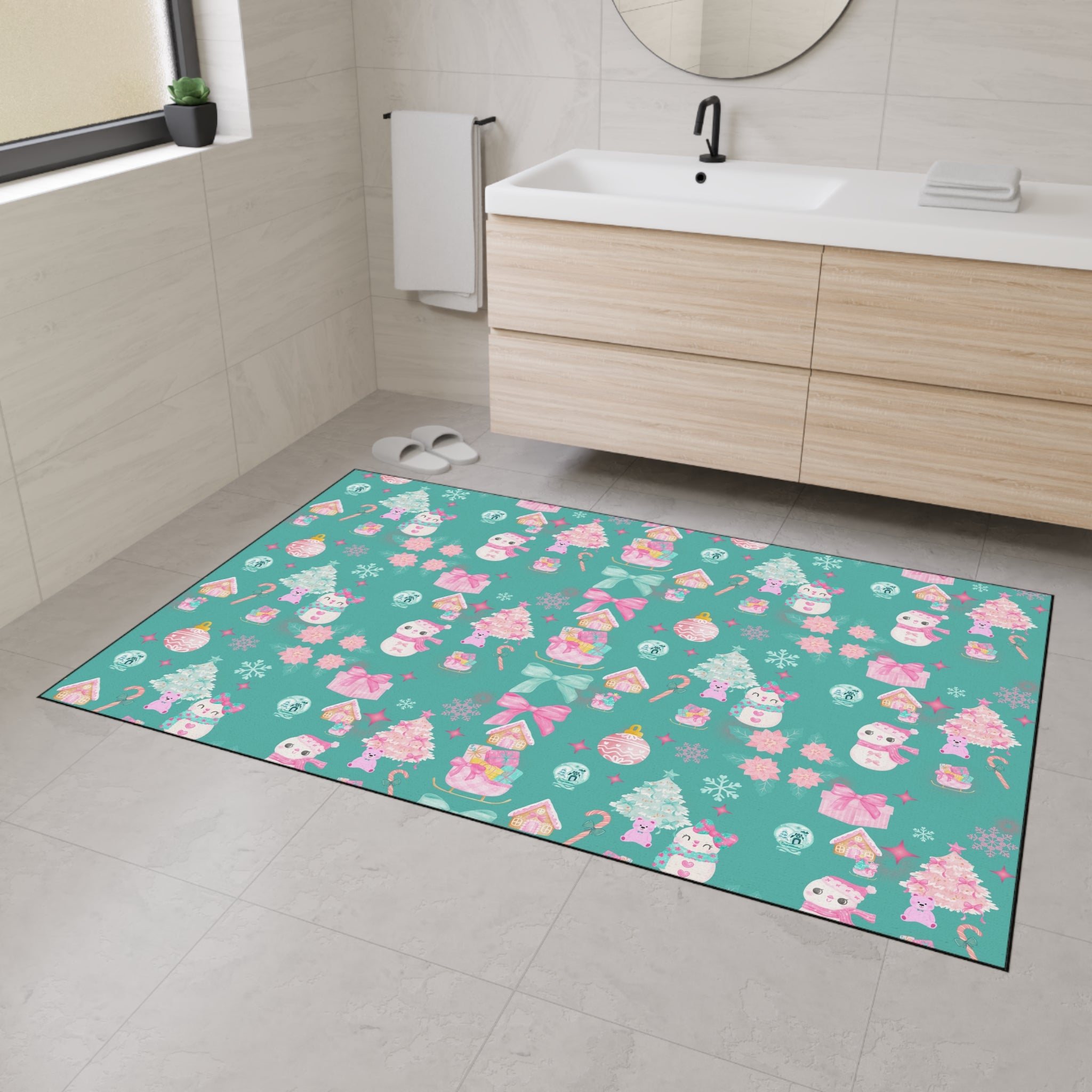 Decorative bath mat with cartoon characters on a bathroom floor.
