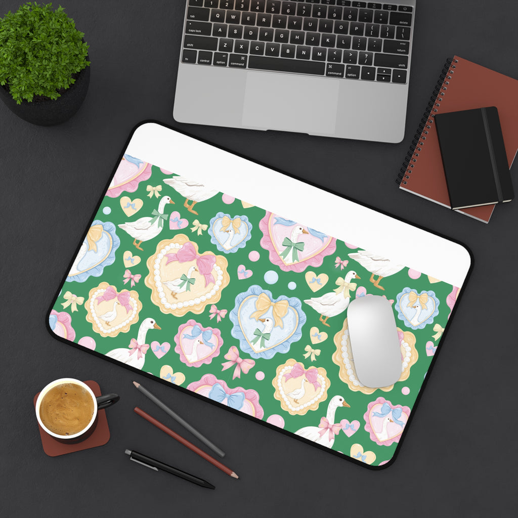 Silly Goose Green Desk Mat with Pastel Bows & Hearts Cozy & Stylish Desk Protector Desk Pad