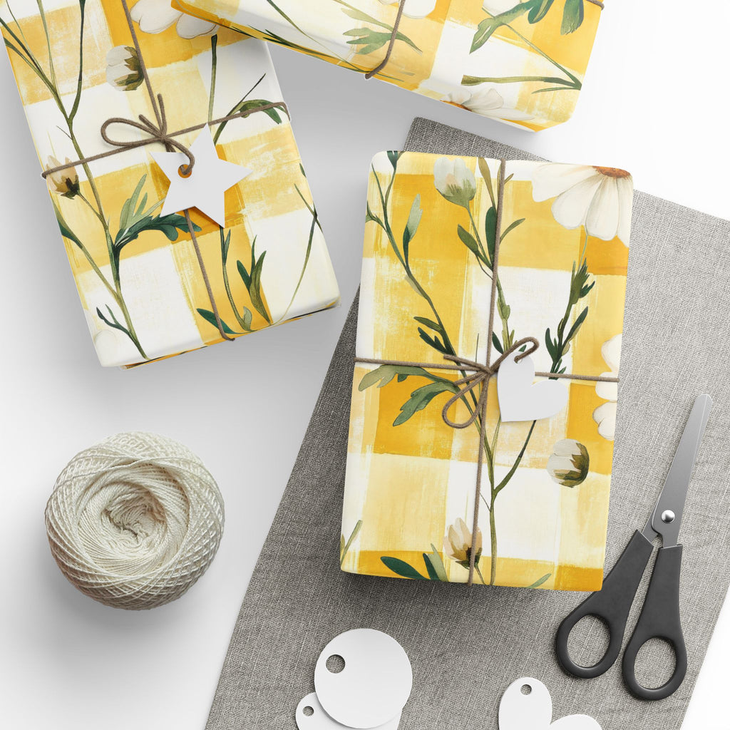 Papier Cadeau Jaune Pastel à Carreaux Marguerite — Papier Cadeau Floral Printanier
