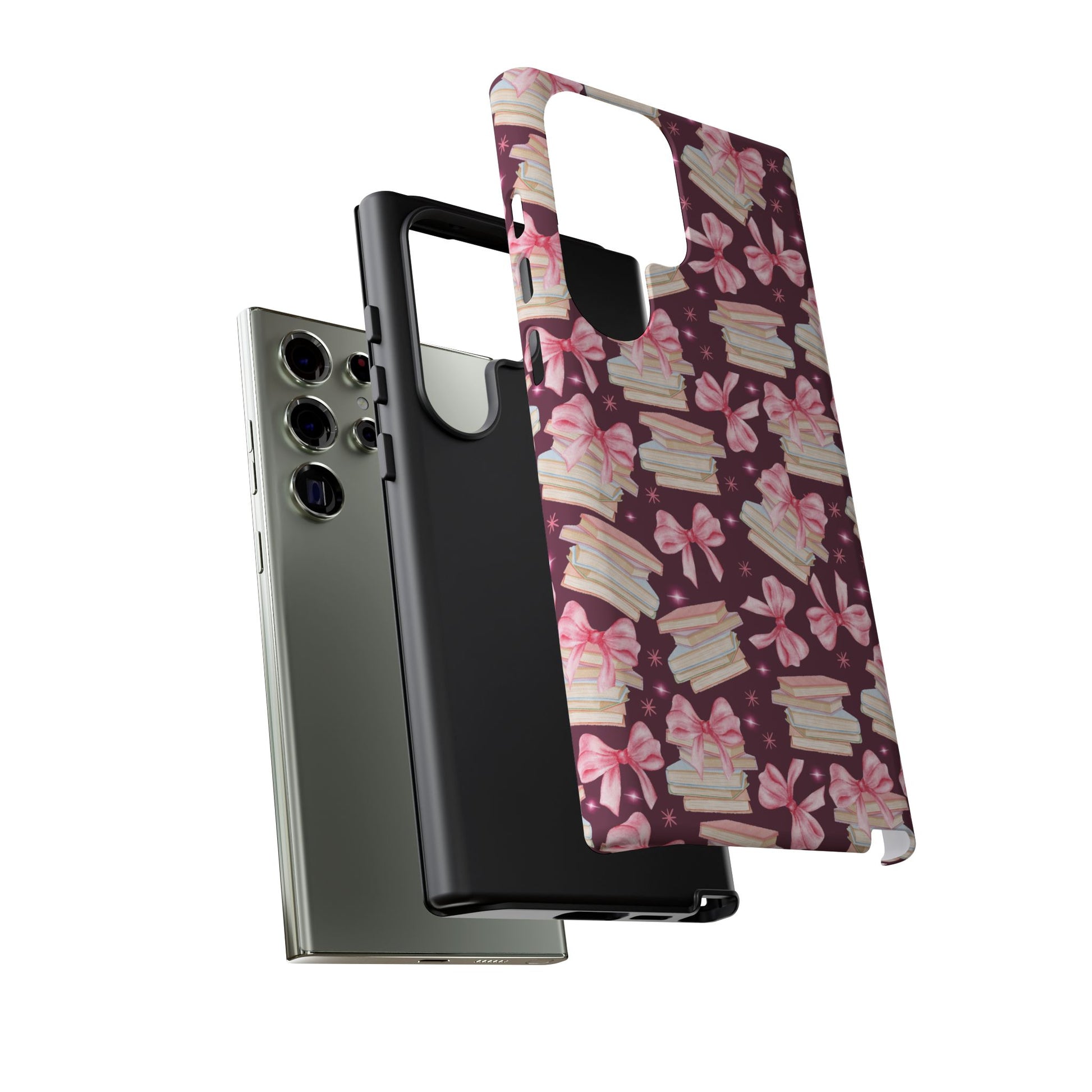 Coquette Pink Bows & Books Phone Case for iPhone 17 and Samsung, Pixel | Stylish Protective Cover Gift for Her Perfect for Floral Lover