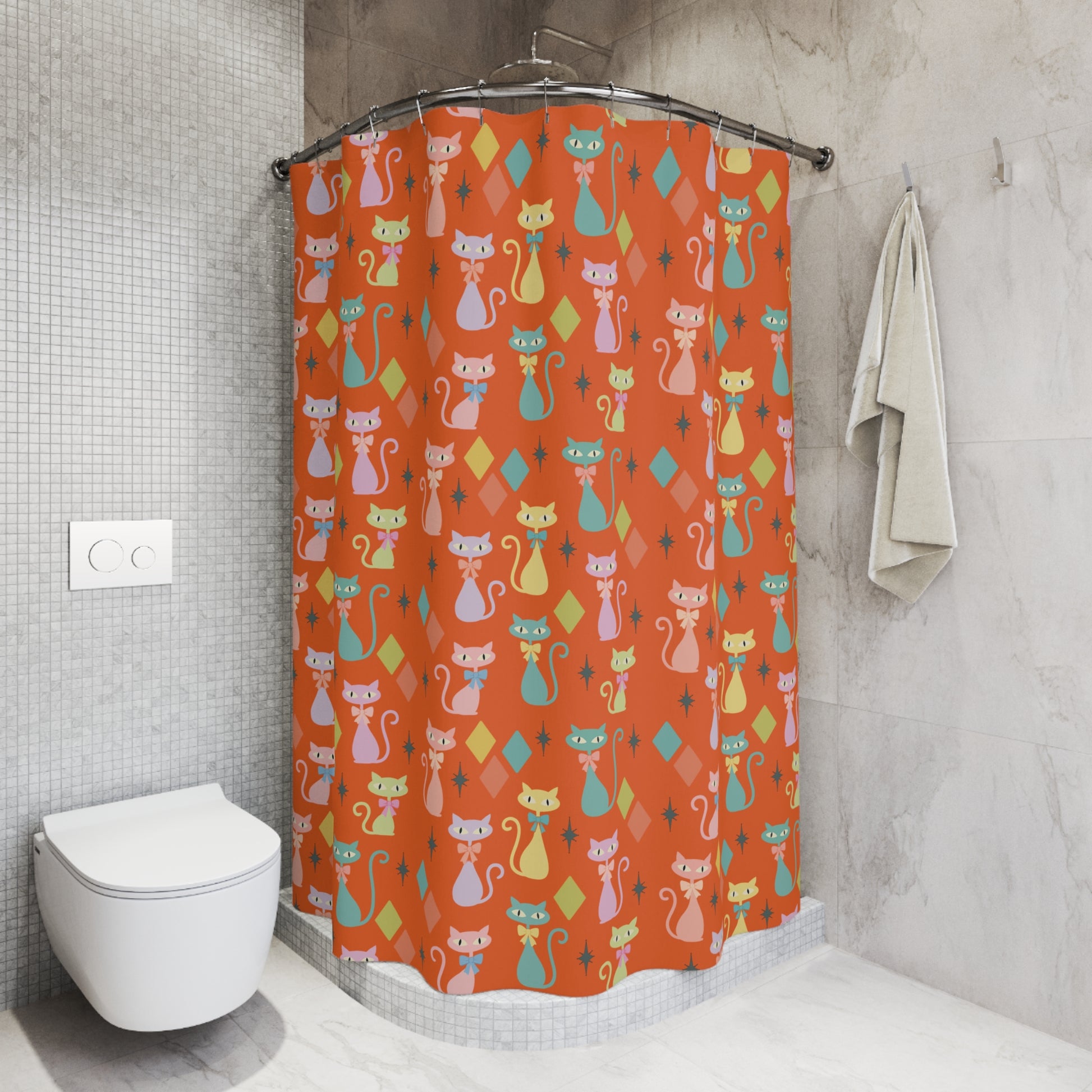 Atomic Cat Shower Curtain  Mid‑Century Modern Orange Retro Cat Bathroom Decor, Vintage Cat Lover Gift, 71×74 in Fabric Curtain Hooks Not Included
