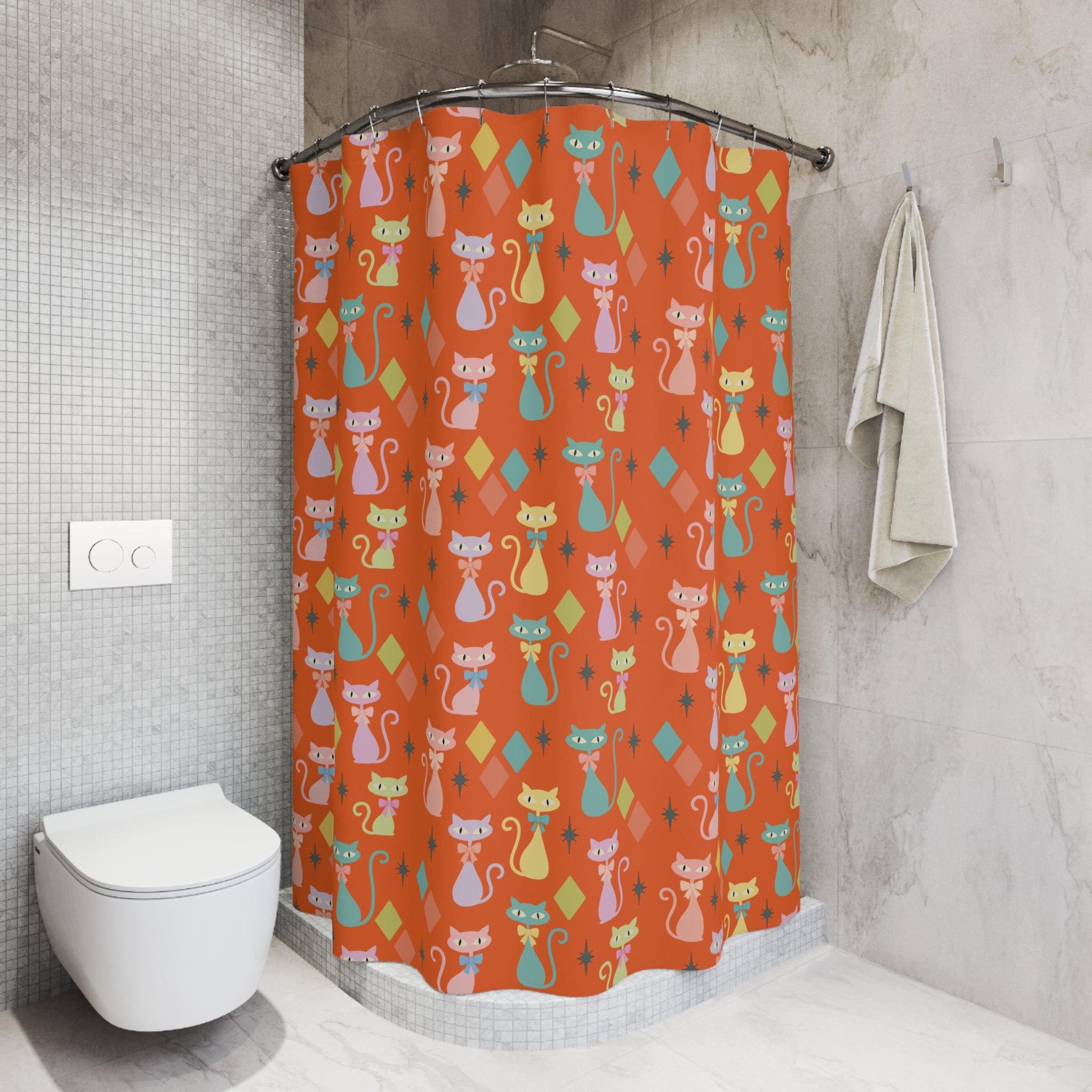 Atomic Cat Shower Curtain  Mid‑Century Modern Orange Retro Cat Bathroom Decor, Vintage Cat Lover Gift, 71×74 in Fabric Curtain Hooks Not Included