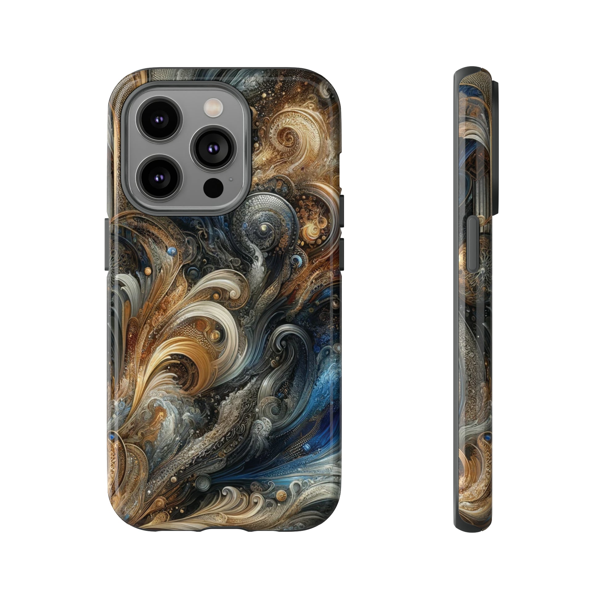 Gold and Navy Art Design Luxury Phone Tough Case Floral Elegant Durable Stylish for Modern Devices iPhone 15, Samsung iPhone Samsung Accessory Gift for Her.