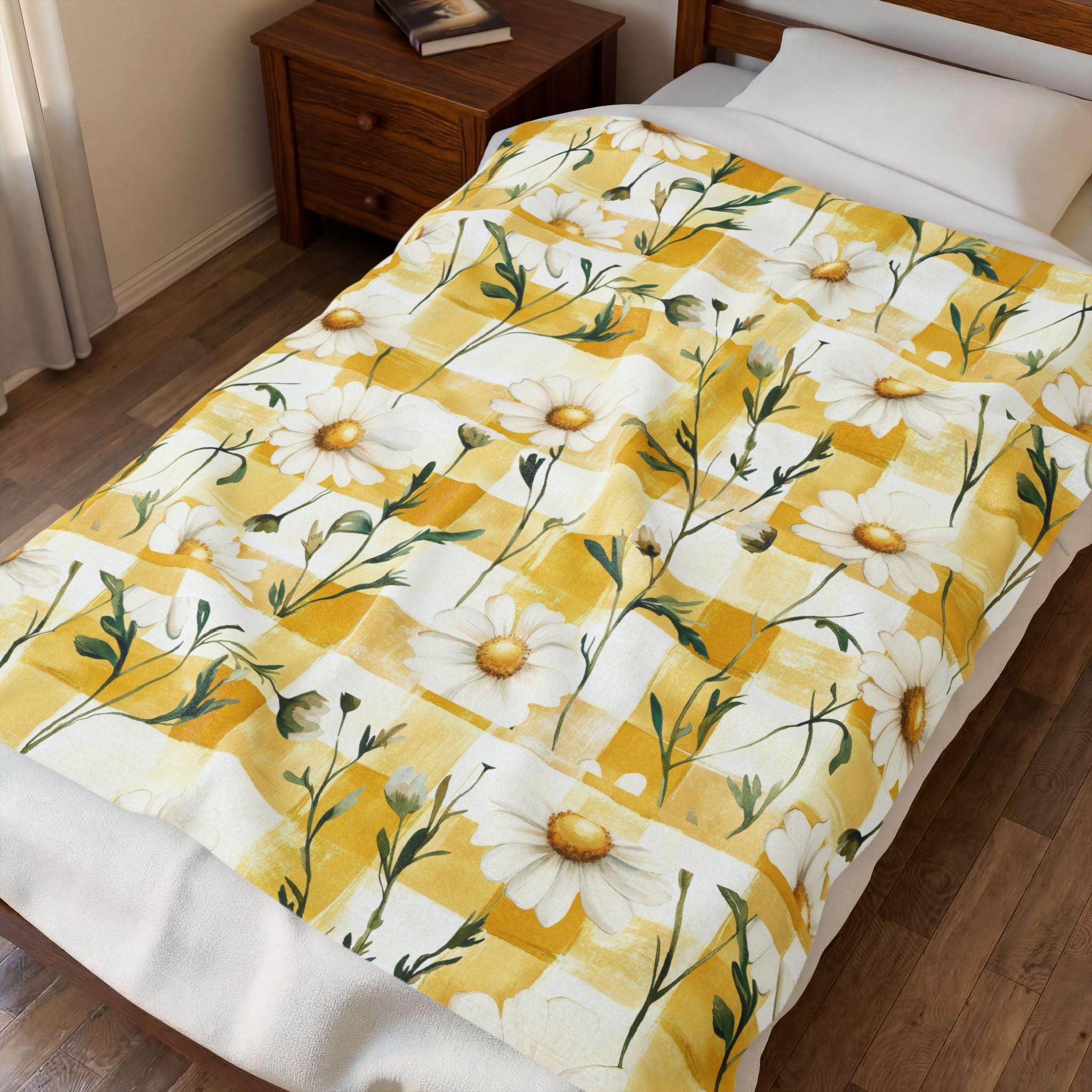 Pastel Yellow Daisy Checker Velveteen Plush Blanket — Spring Floral Cozy Throw