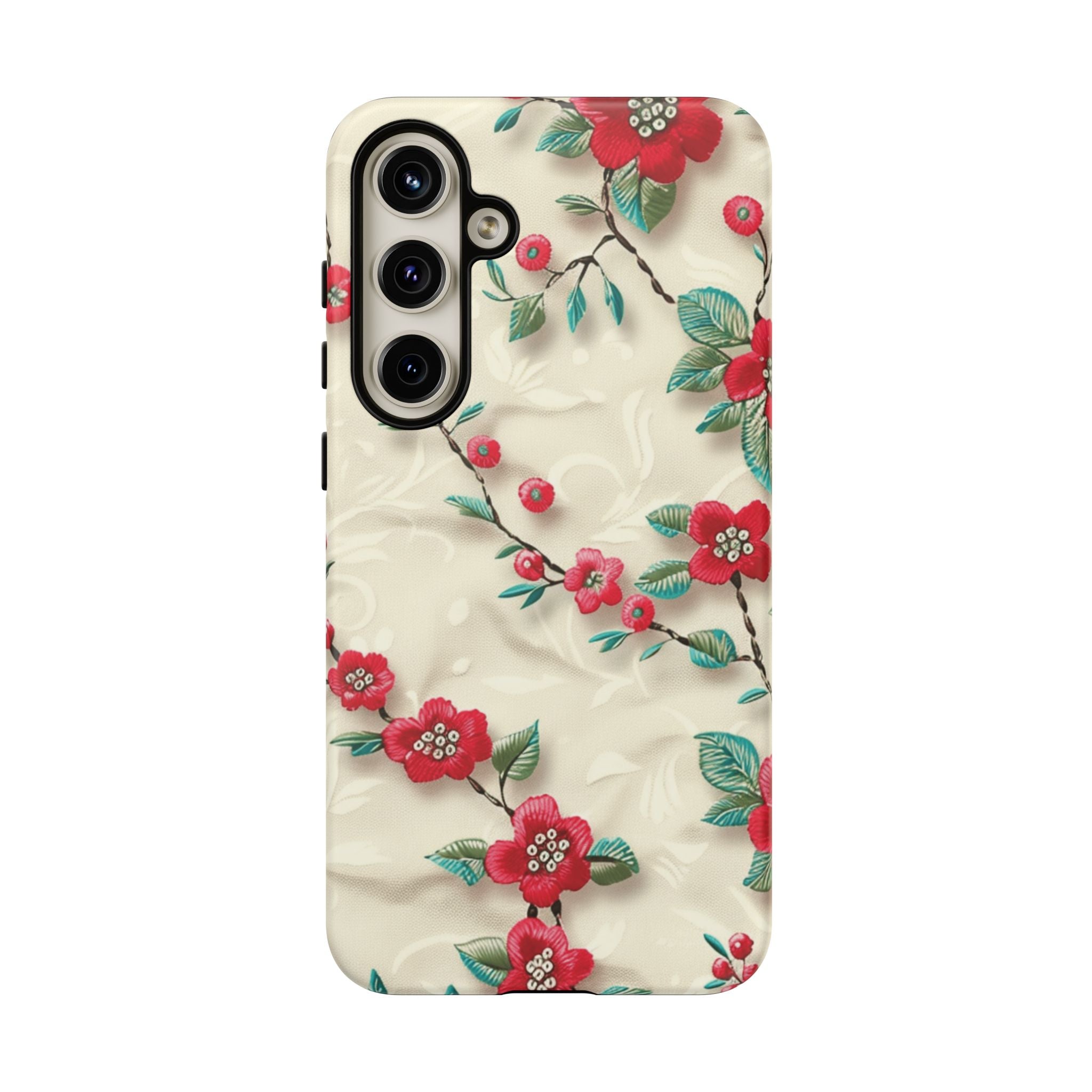 3D Embroidery Illusion Red Flowers Phone Case for iPhone, Samsung Pixel Artistic Floral Protection 15 14 13 12, 21 23 Gift for Her Perfect for Floral Lover
