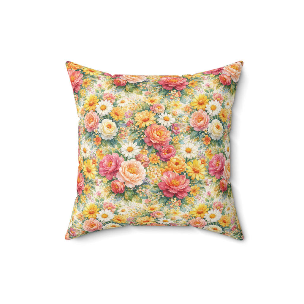 Pink & Yellow Wildflower Garden Pillow — Lush Botanical Square Throw Pillow
