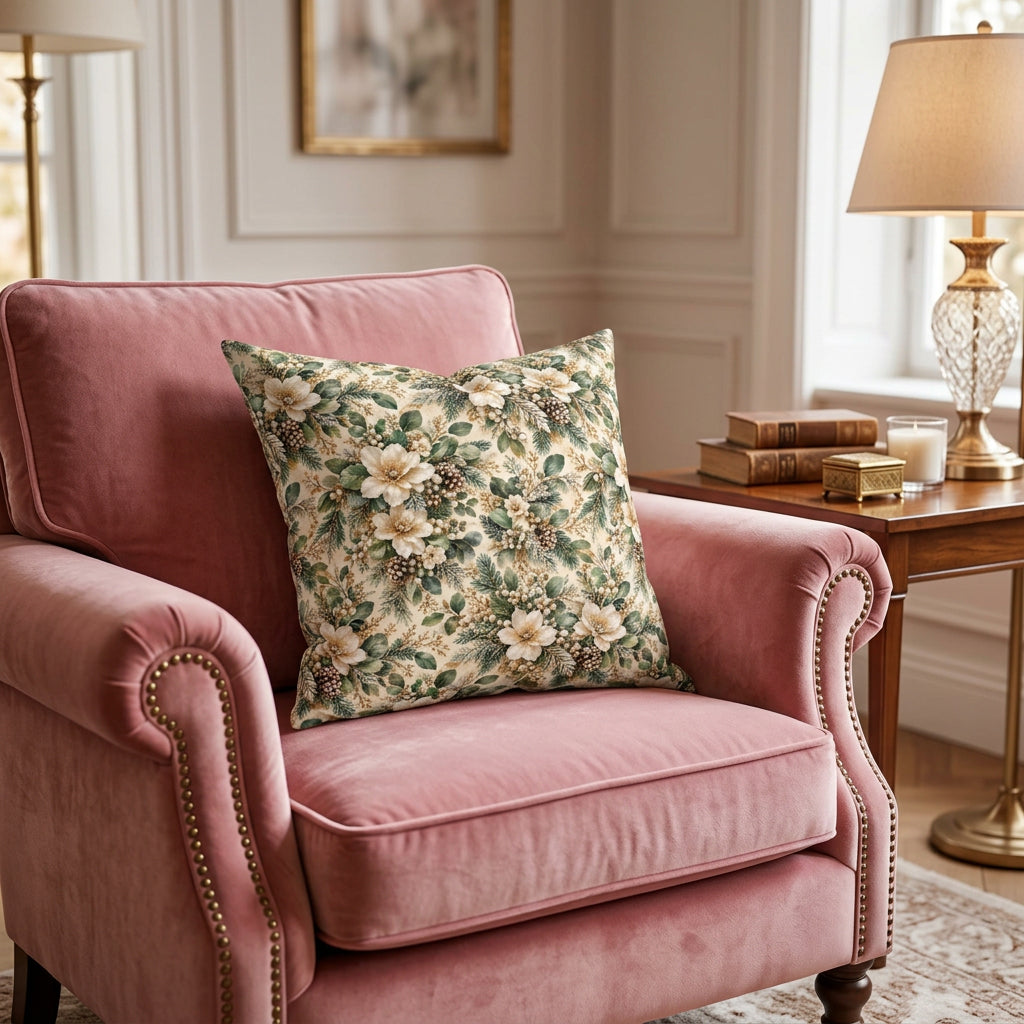 A square decorative throw pillow featuring a vintage-style floral and botanical pattern with cream flowers, green leaves, and pinecones on a warm beige background, shown against a plain white studio backdrop.