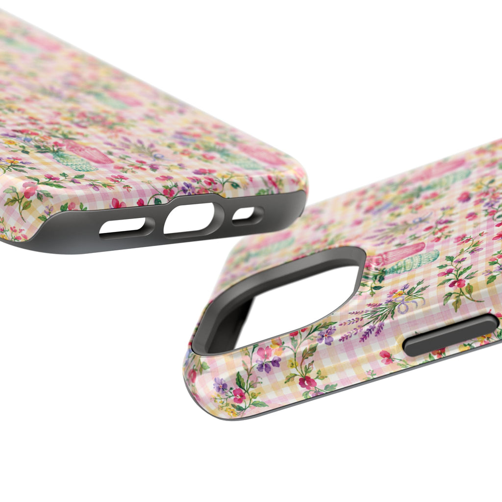 Turquoise & Pink Floral Checker Phone Case — Magnetic Impact-Resistant