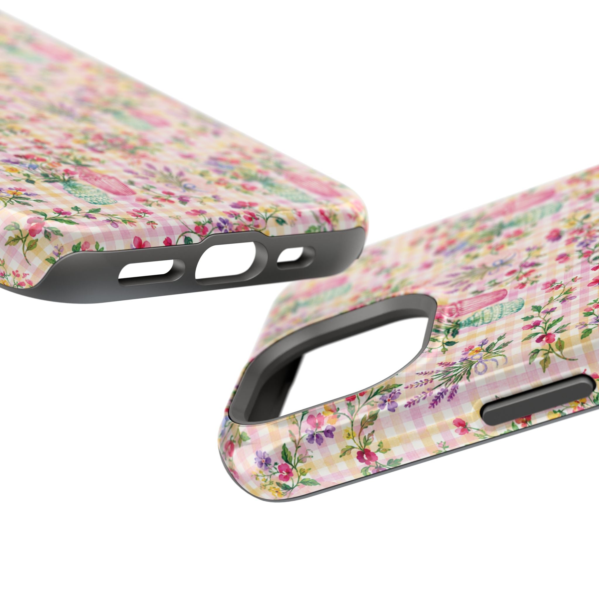 Turquoise & Pink Floral Checker Phone Case — Magnetic Impact-Resistant