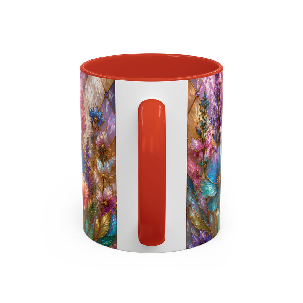 Floral Mosaic Accent Coffee Mug — Colorful Garden Flowers 11/15oz Stain Glass Illusion