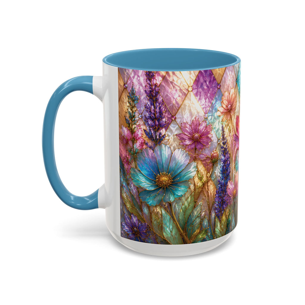 Floral Mosaic Accent Coffee Mug — Colorful Garden Flowers 11/15oz Stain Glass Illusion