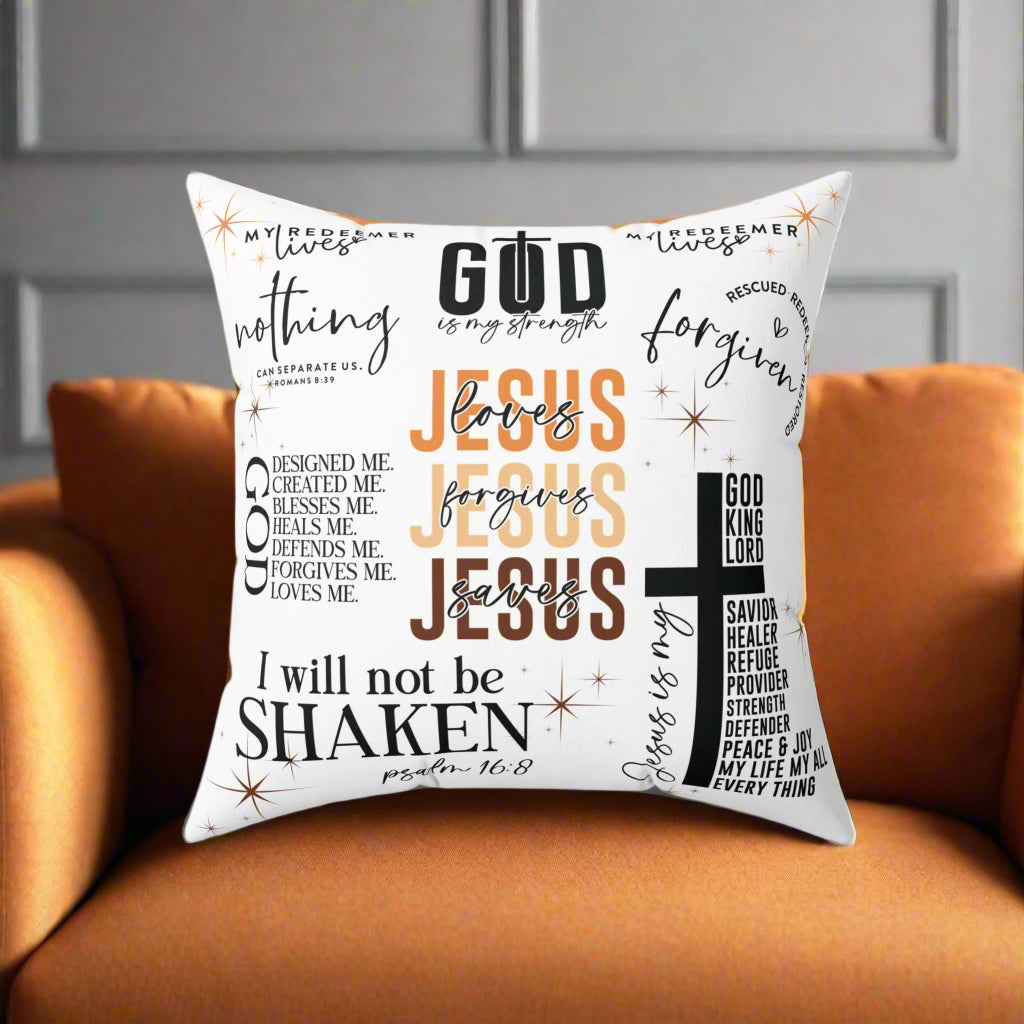 Decorative pillow with inspirational text and a cross on a white background