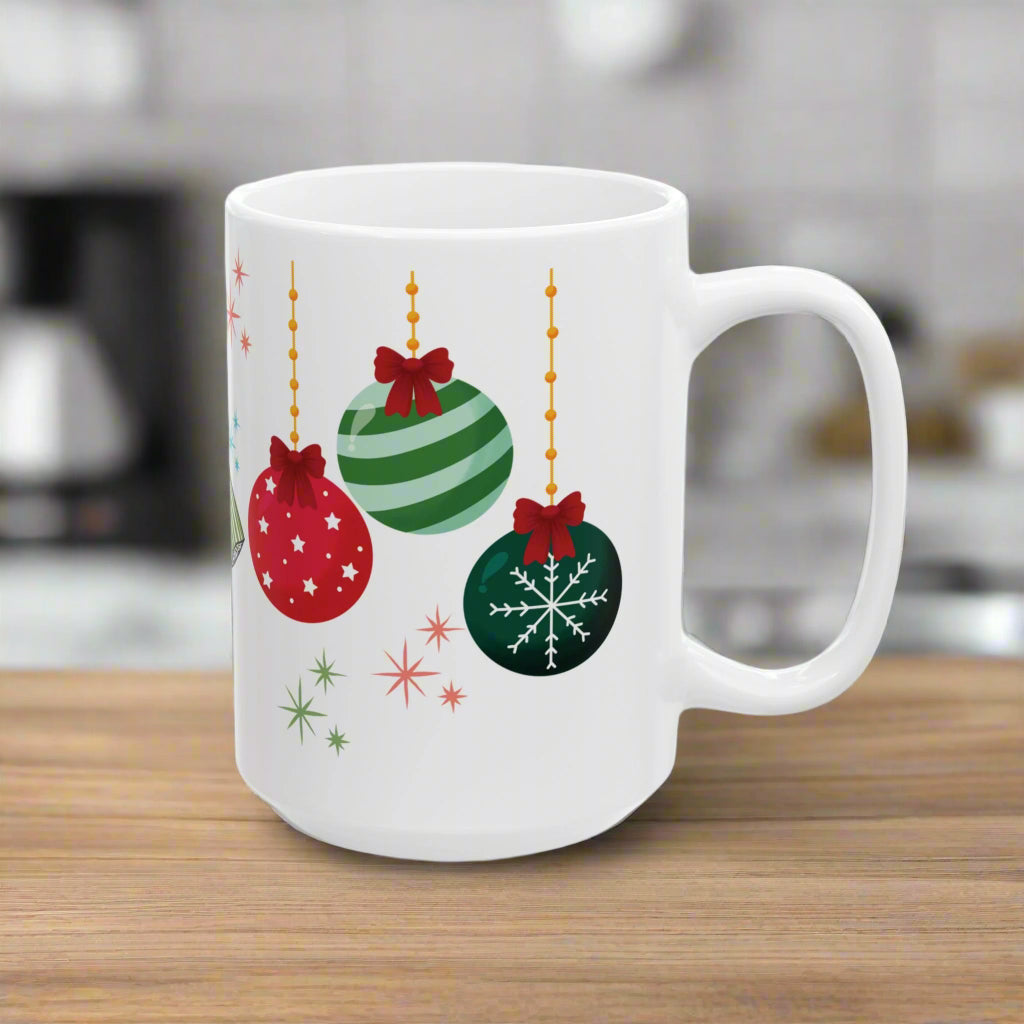 White mug with Christmas-themed decorations on a white background