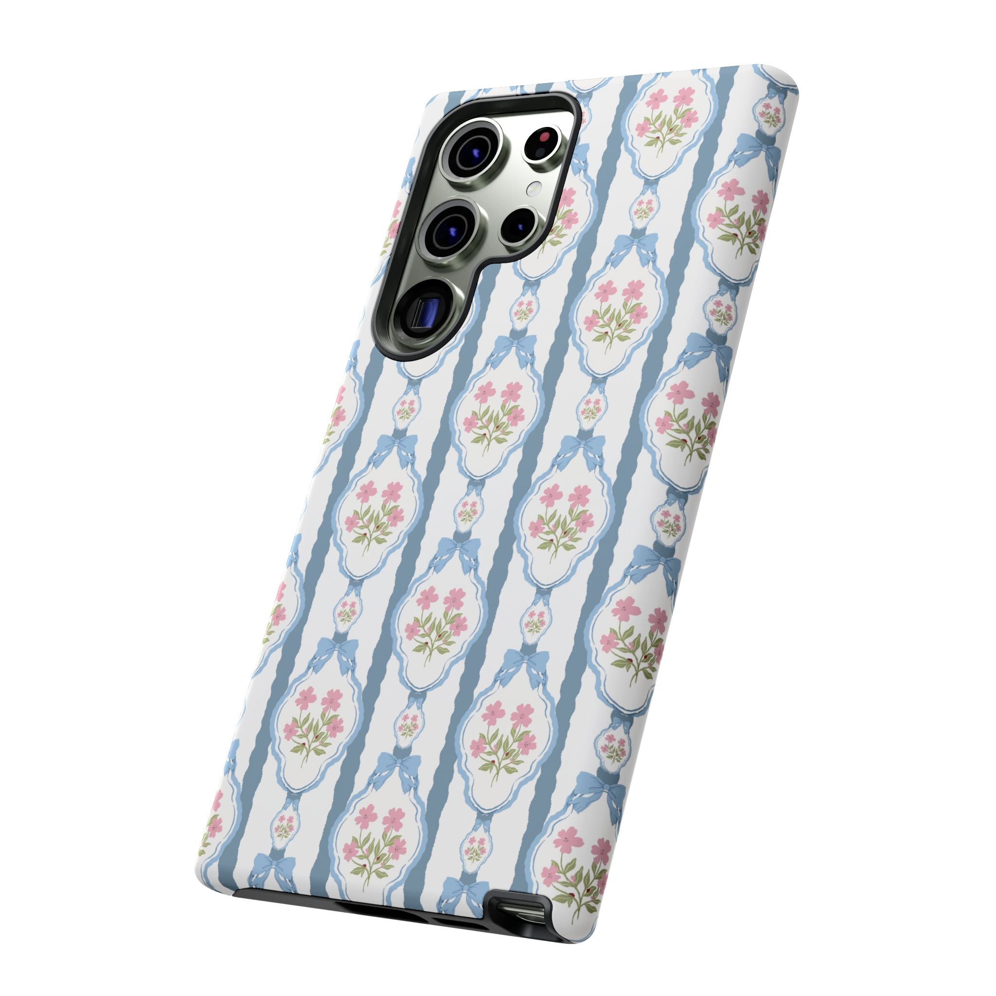 Coque de téléphone Vintage Nœud Bleu et Rose — Motif floral romantique « Tough Cases »