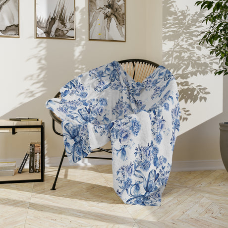 Elegant Blue Bow Chinoiserie Blanket – Soft & Cozy Throw in 60x50 & 80x60, Vintage Bird & Floral Design, Lightweight, Warm, Perfect for Home & Gift Giving Housewarming Gift Throw