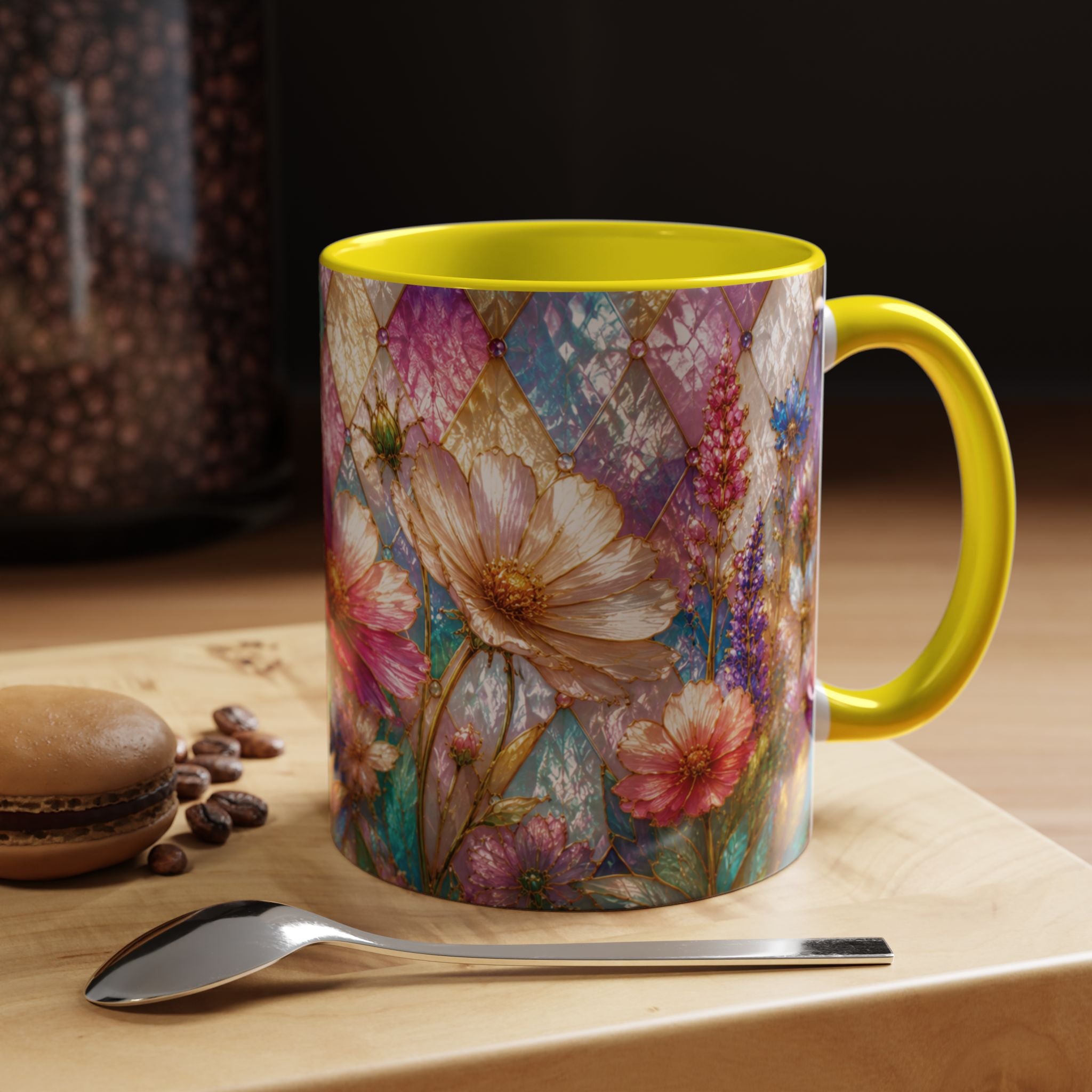 Floral Mosaic Accent Coffee Mug — Colorful Garden Flowers 11/15oz Stain Glass Illusion