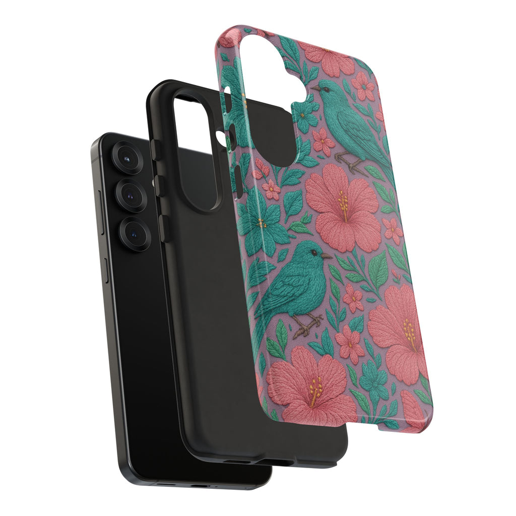 Turquoise, Pink and Lavender 3D Embroidery Illusion Phone Case Tropical Flowers, Birds & Butterflies Cover with Bold, Realistic Floral Texture iPhone, Samsung
