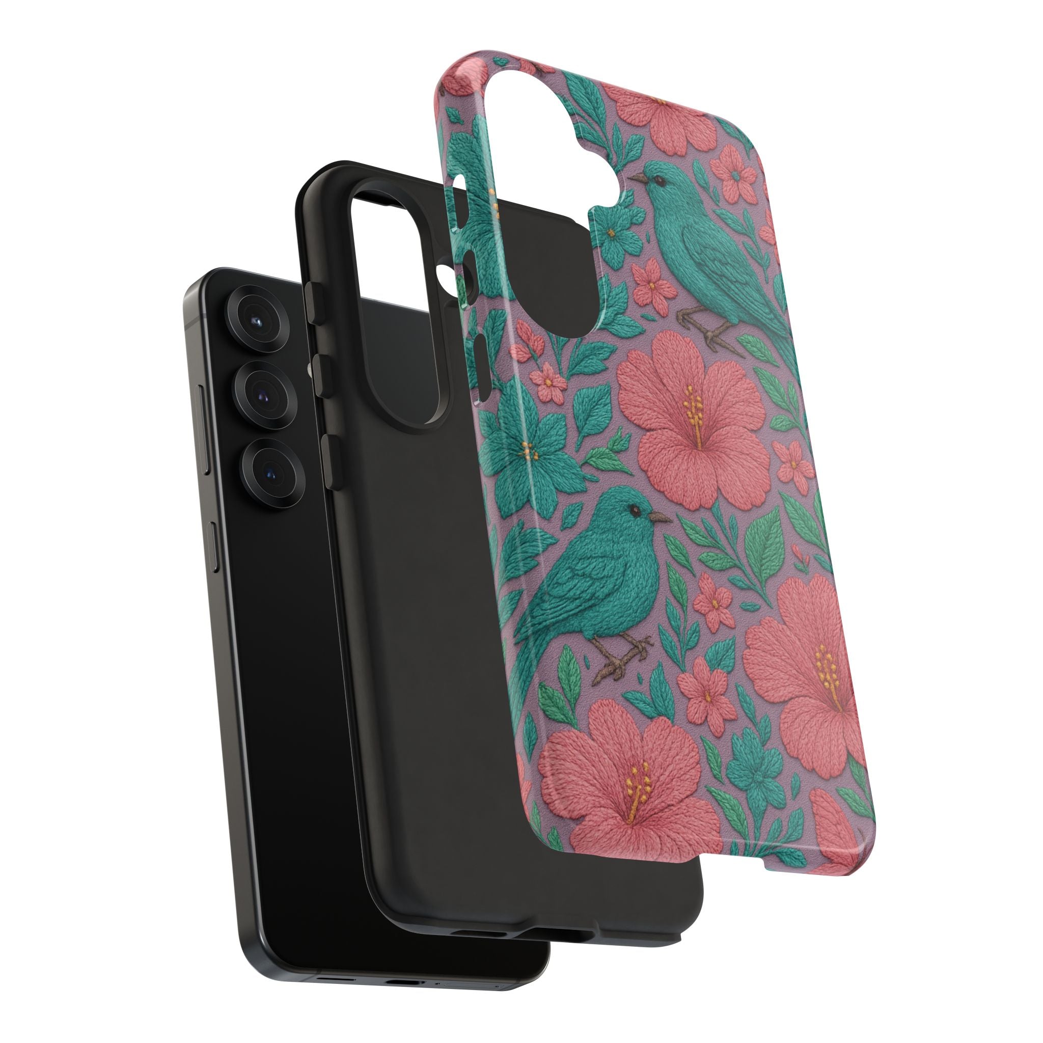 Turquoise, Pink and Lavender 3D Embroidery Illusion Phone Case Tropical Flowers, Birds & Butterflies Cover with Bold, Realistic Floral Texture iPhone, Samsung
