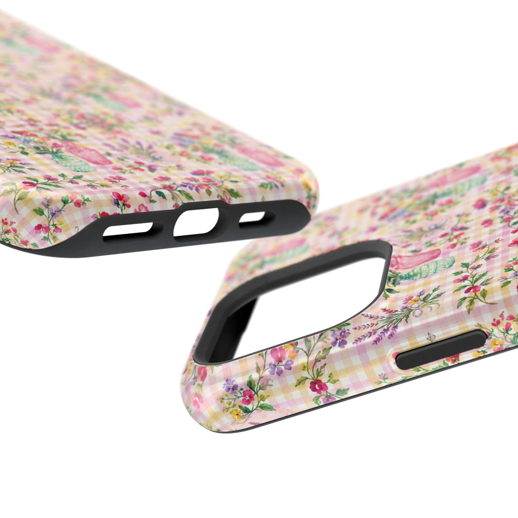 Turquoise & Pink Floral Checker Phone Case — Magnetic Impact-Resistant