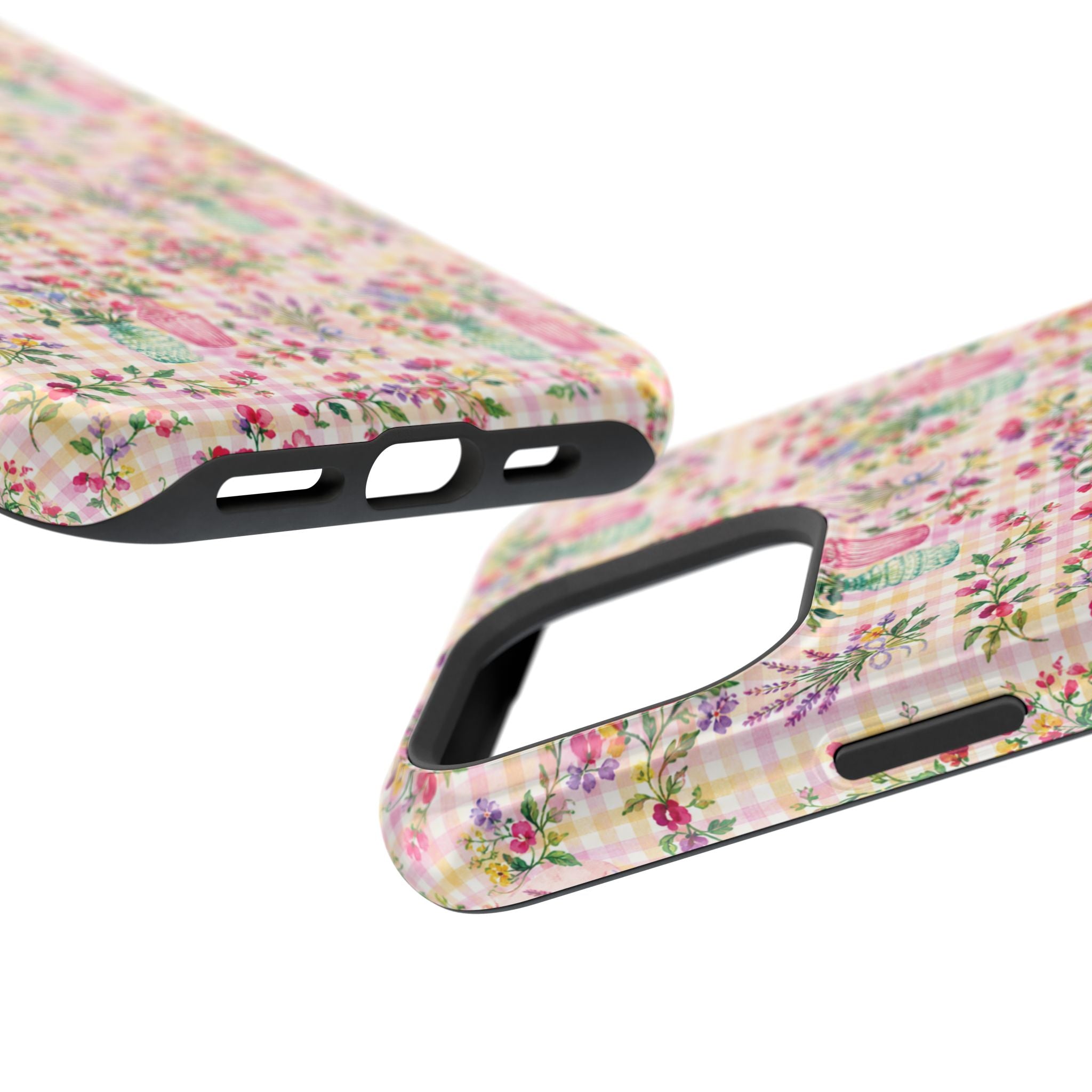 Turquoise & Pink Floral Checker Phone Case — Magnetic Impact-Resistant