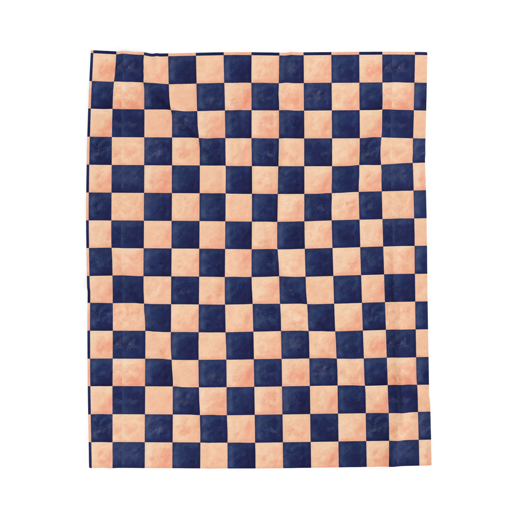 Couverture en peluche veloutée – Plaid confortable à carreaux bleu marine et pêche