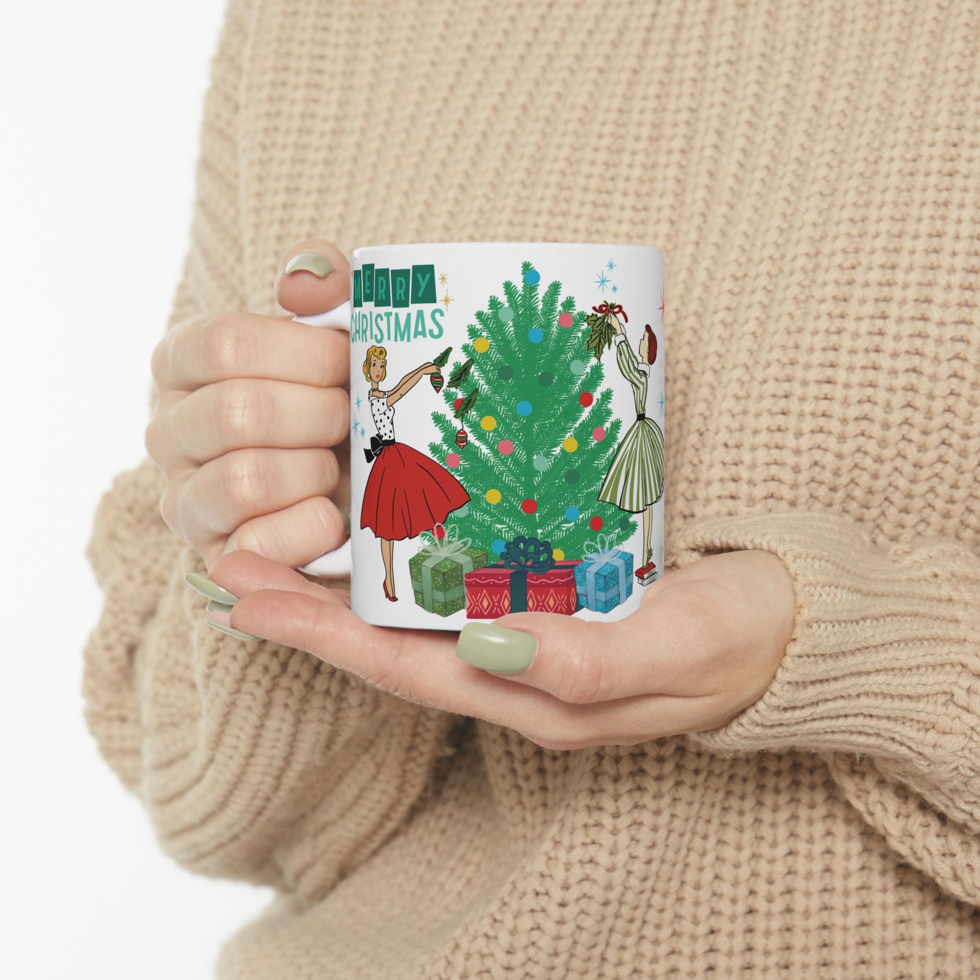 Retro Glam 50s Christmas Mug | Vintage Holiday Coffee Cup, Festive Mid Century Xmas Kitchen Drinkware Gift for Mom