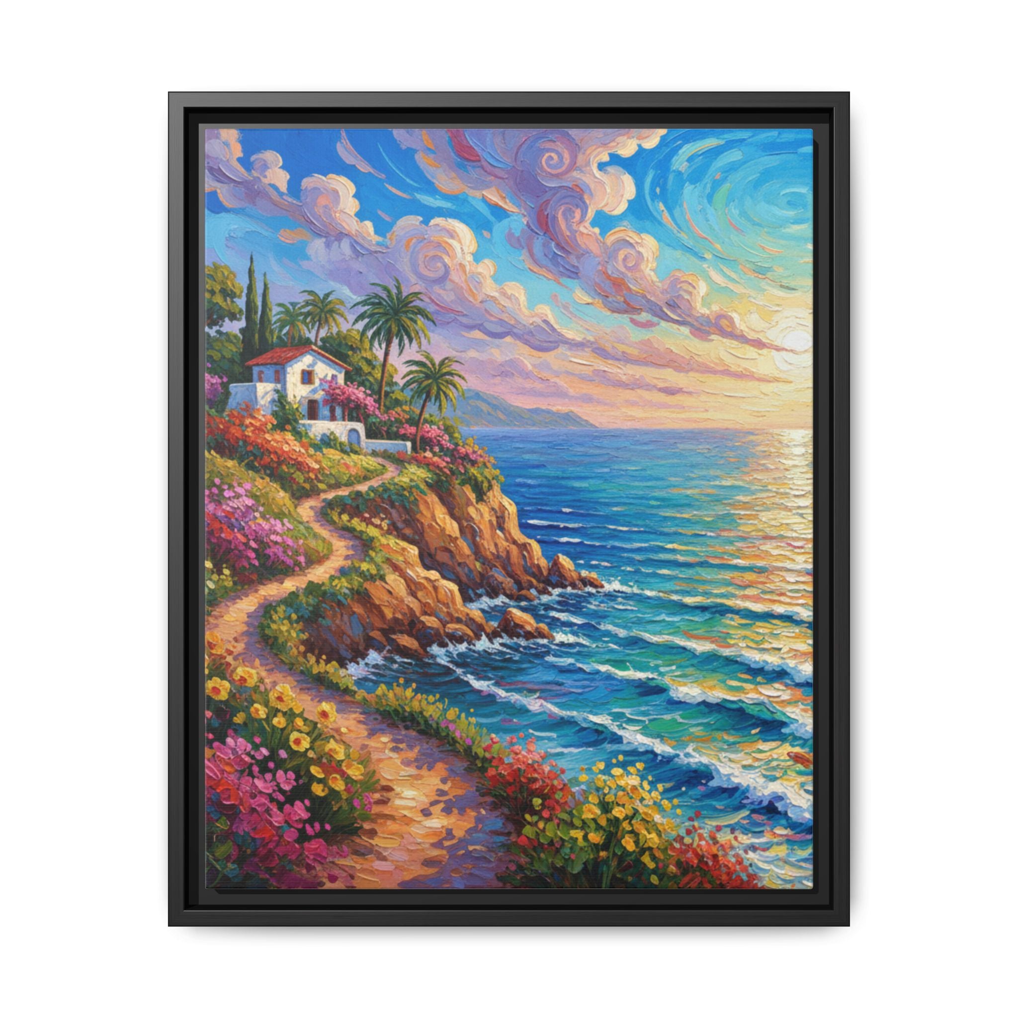 Ocean Floral Print Canvas | Bright Colorful Seascape Wall Art, Framed Matte Office Art Work