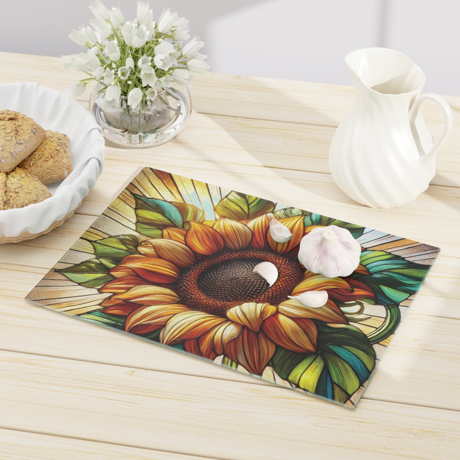 Elegant Sunflower-Stained Glass Cutting Board Floral Charcuterie Kitchen Decor, Useful Gifts for Her Perfect for Cooking, Serving, and Entertaining - MRSBYVALLE