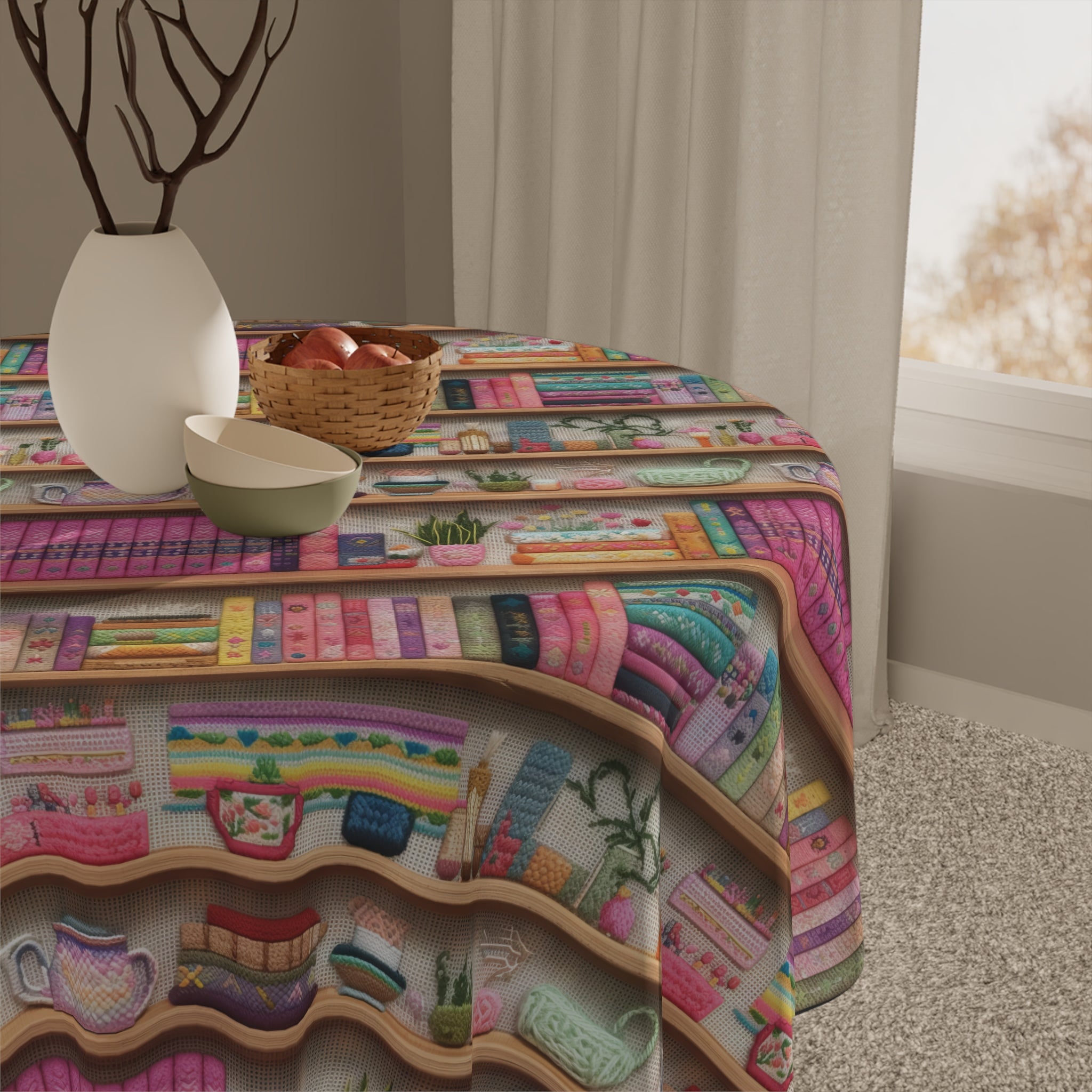 Enchanting 3D Embroidery Illusion Books on Pastel Shelves Tablecloth Ideal Decor for Literary Enthusiasts (55.1"x55.1") | 100% Polyester | Soft & Lightweight | Unique Holiday Table Deco Perfect Gift for Housewarming, Parties,  all Events and Occasions - MRSBYVALLE