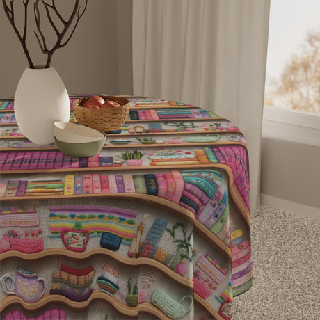 Enchanting 3D Embroidery Illusion Books on Pastel Shelves Tablecloth Ideal Decor for Literary Enthusiasts (55.1"x55.1") | 100% Polyester | Soft & Lightweight | Unique Holiday Table Deco Perfect Gift for Housewarming, Parties,  all Events and Occasions - MRSBYVALLE