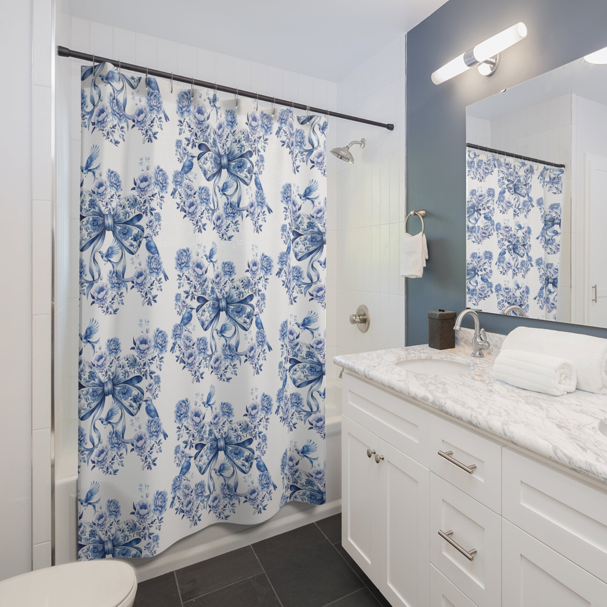 Elegant Blue Bow Chinoiserie Shower Curtain 71x74 – Vintage Bird & Floral Design, Waterproof, Stylish Bathroom Decor, Easy to Hang Maintain for a vibrant upgrade!