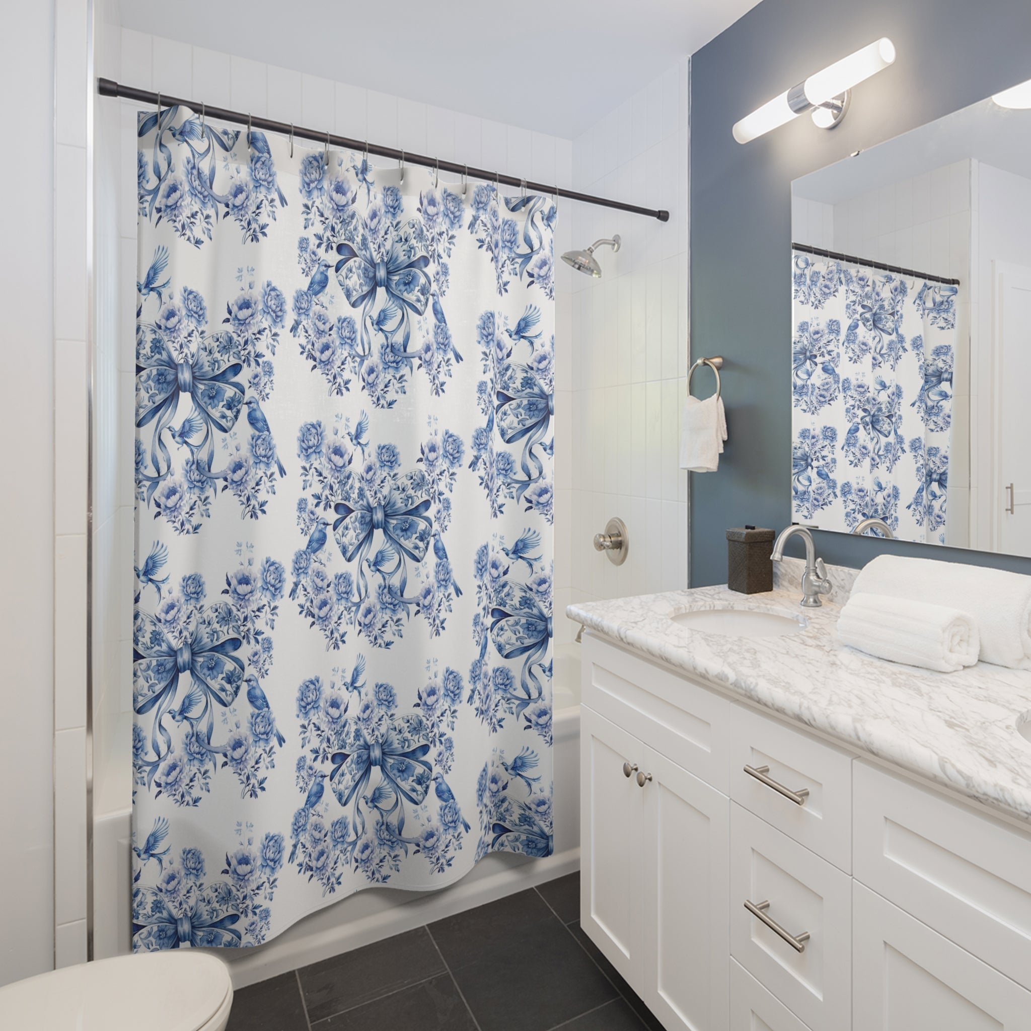 Elegant Blue Bow Chinoiserie Shower Curtain 71x74 – Vintage Bird & Floral Design, Waterproof, Stylish Bathroom Decor, Easy to Hang Maintain for a vibrant upgrade!