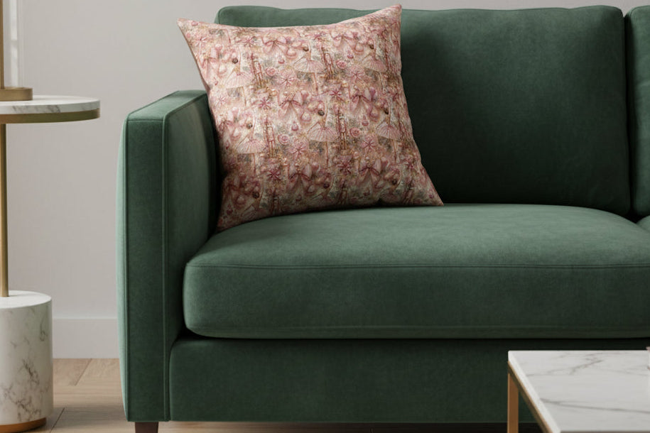 Decorative pillow with floral and bow pattern on a white background