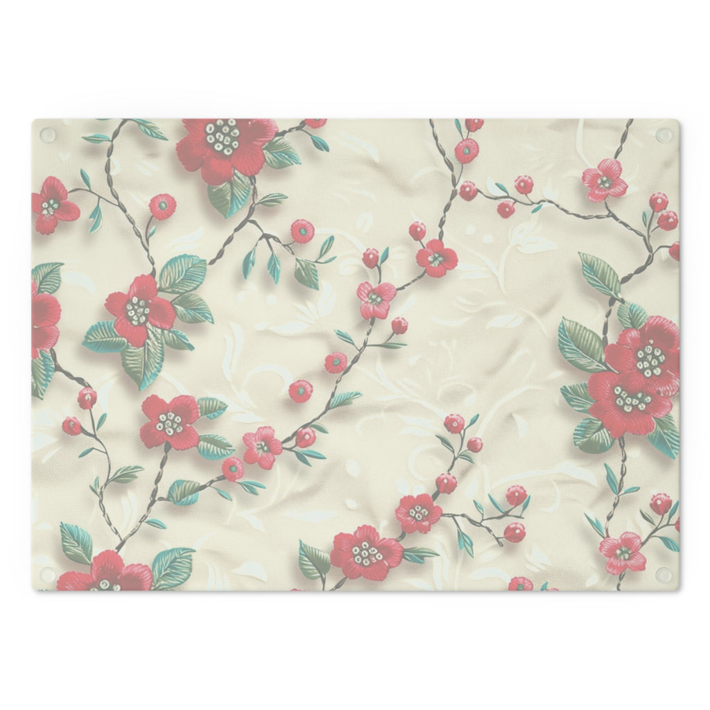 Vibrant 3D Embroidery Illusion Red Flowers Tempered Glass Cutting Board: Durable & Stylish for Cooking and Serving Stylish Cooking Kitchen Decor Housewarming, New House Gift - MRSBYVALLE