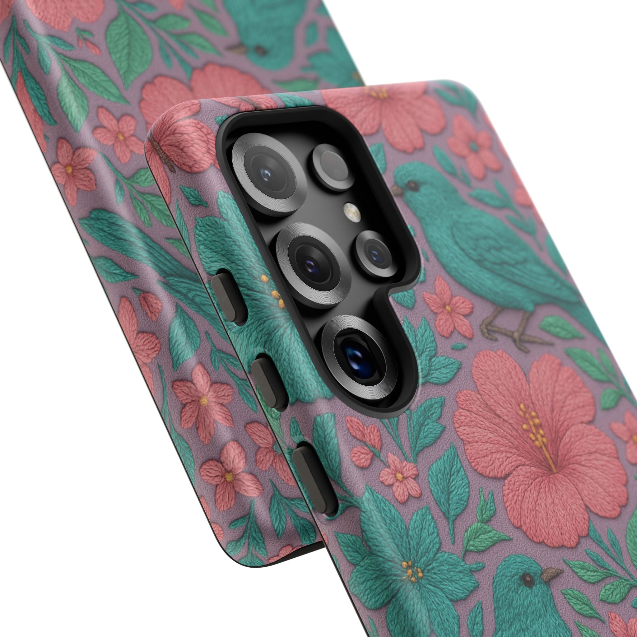 Turquoise, Pink and Lavender 3D Embroidery Illusion Phone Case Tropical Flowers, Birds & Butterflies Cover with Bold, Realistic Floral Texture iPhone, Samsung