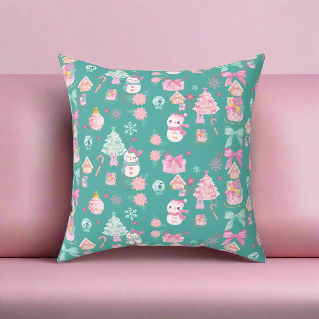 Decorative pillow with a festive pattern on a teal background