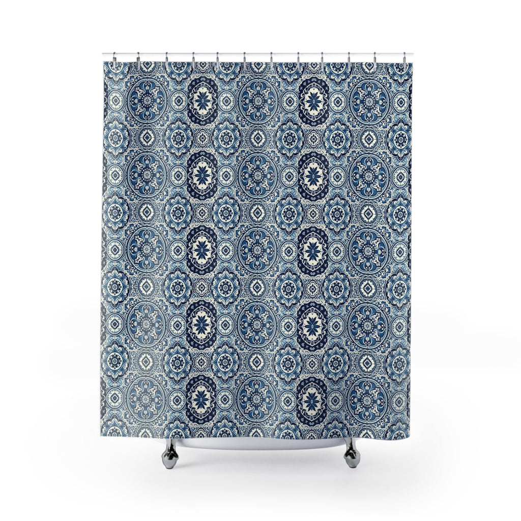 Elegant Azulejo Porcelain Blue Tile Shower Curtain Mediterranean Style Durability for Modern Bathroom Decor Perfect Bridal or Housewarming Gift Bathroom Makeover Housewarming Wedding Gift for Mom Bridal Shower Gift Newlywed - MRSBYVALLE
