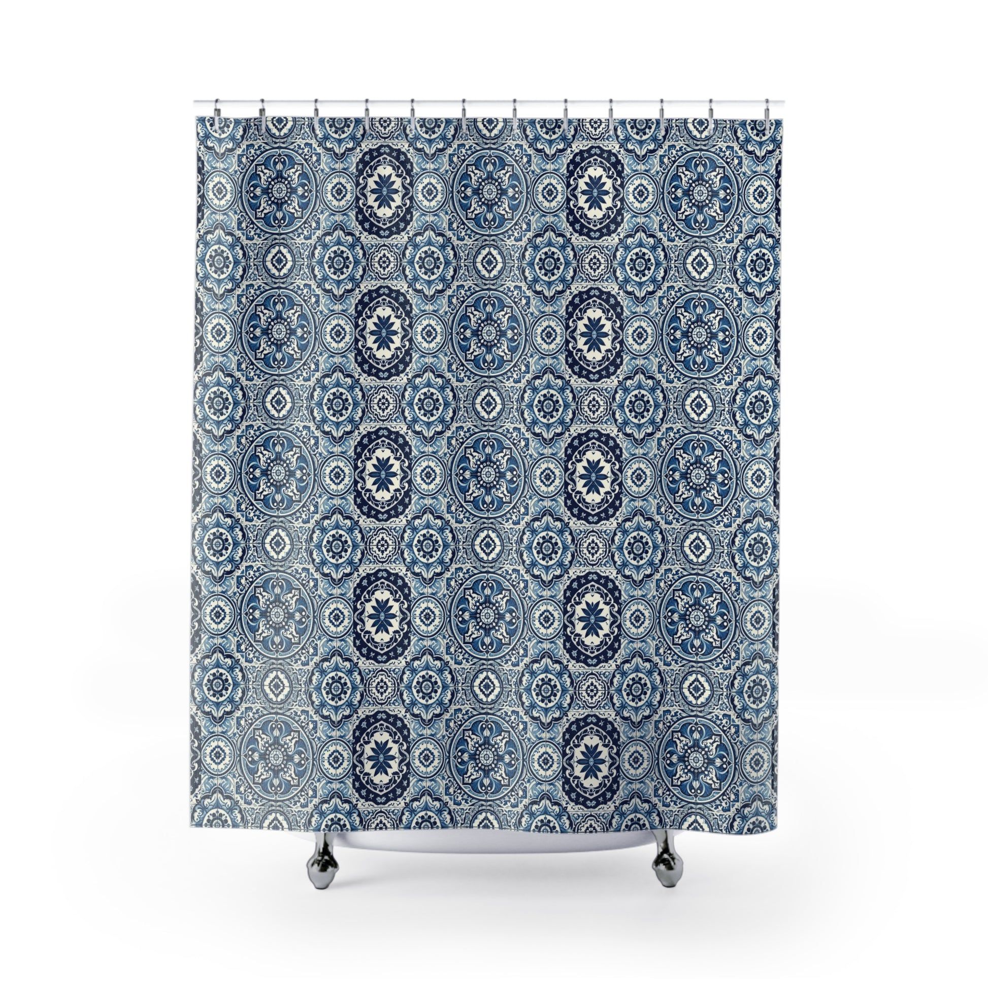 Elegant Azulejo Porcelain Blue Tile Shower Curtain Mediterranean Style Durability for Modern Bathroom Decor Perfect Bridal or Housewarming Gift Bathroom Makeover Housewarming Wedding Gift for Mom Bridal Shower Gift Newlywed - MRSBYVALLE
