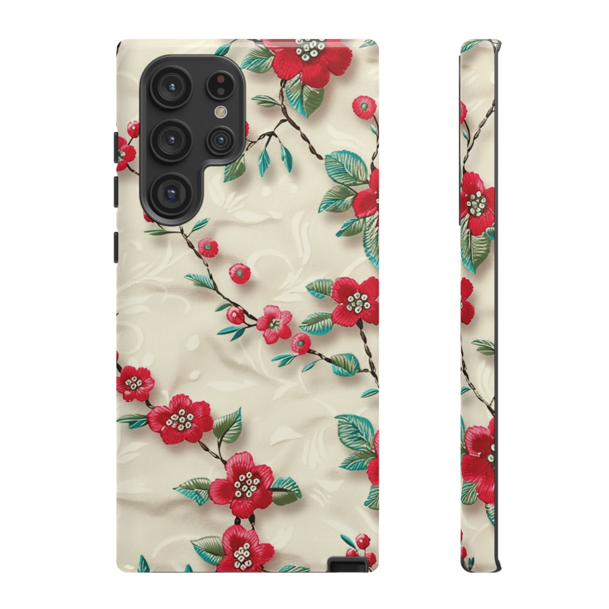 3D Embroidery Illusion Red Flowers Phone Case for iPhone, Samsung Pixel Artistic Floral Protection 15 14 13 12, 21 23 Gift for Her Perfect for Floral Lover