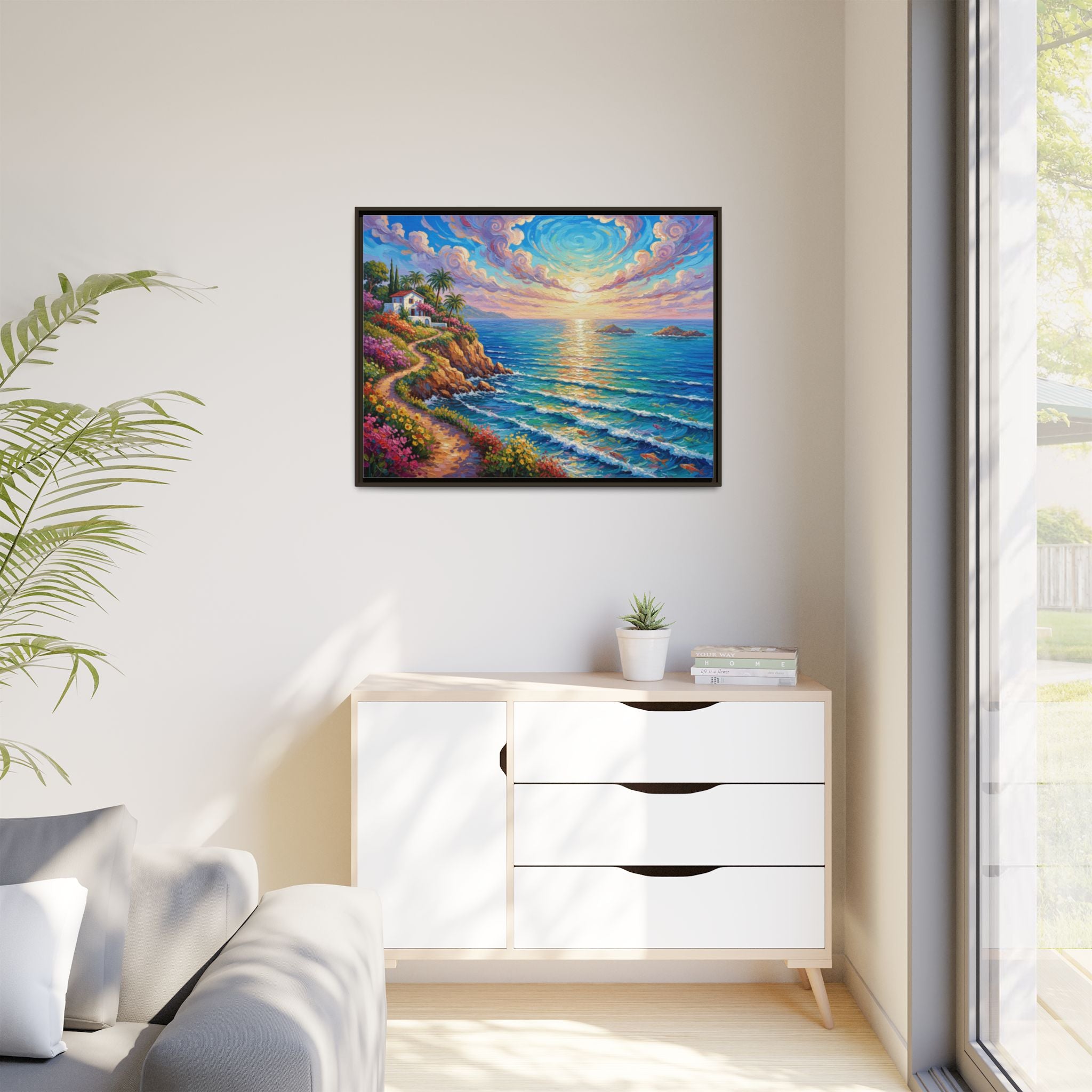 Toile imprimée florale océanique | Décoration murale colorée et lumineuse de paysage marin, œuvre d'art de bureau encadrée et mate