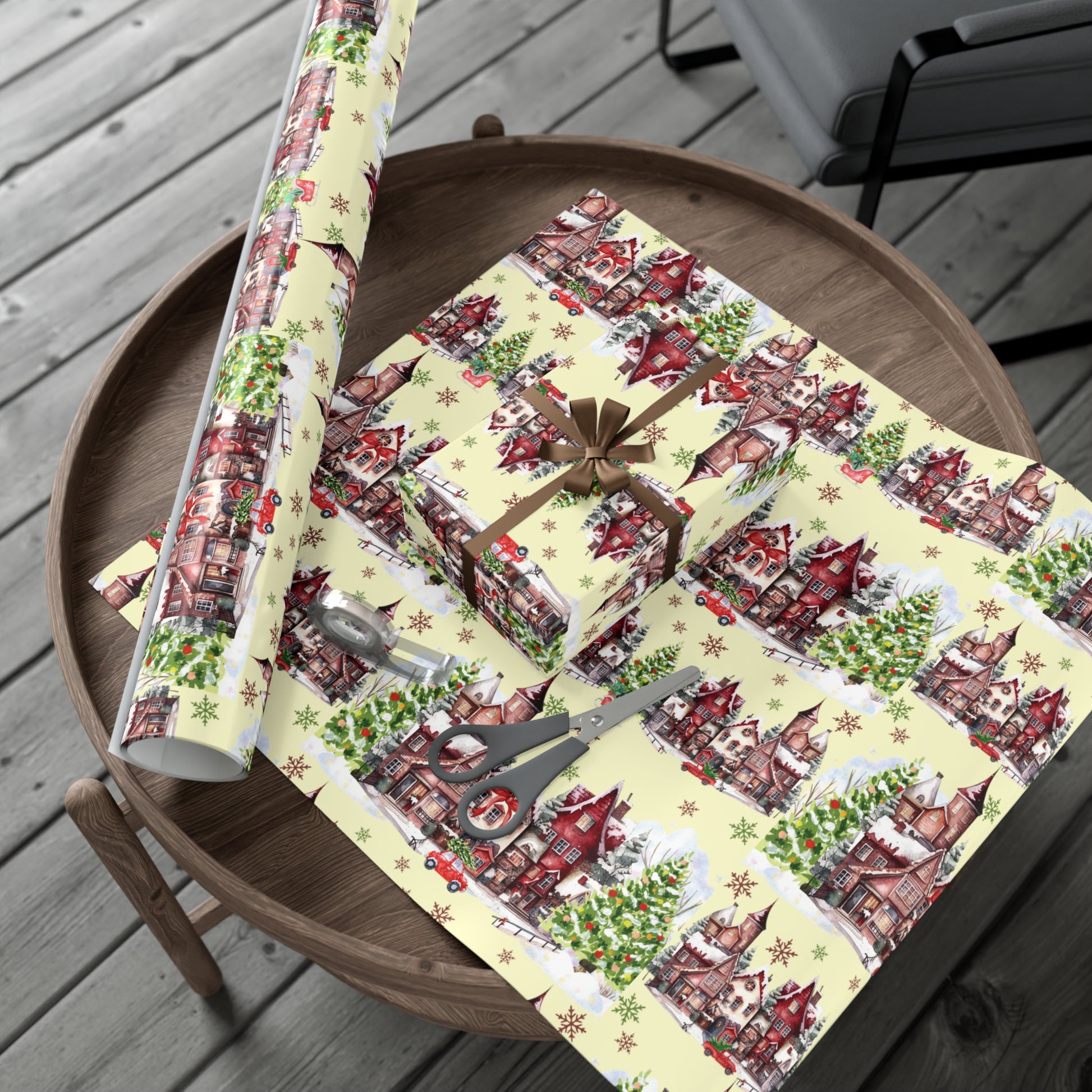 Christmas Village Wrapping Paper Whimsical Winter Wonderland with Pastel Trees, Snowflakes, and Festive Gifts Perfect for a Magical Holiday Season in Matte/Satin, All Occasion - MRSBYVALLE