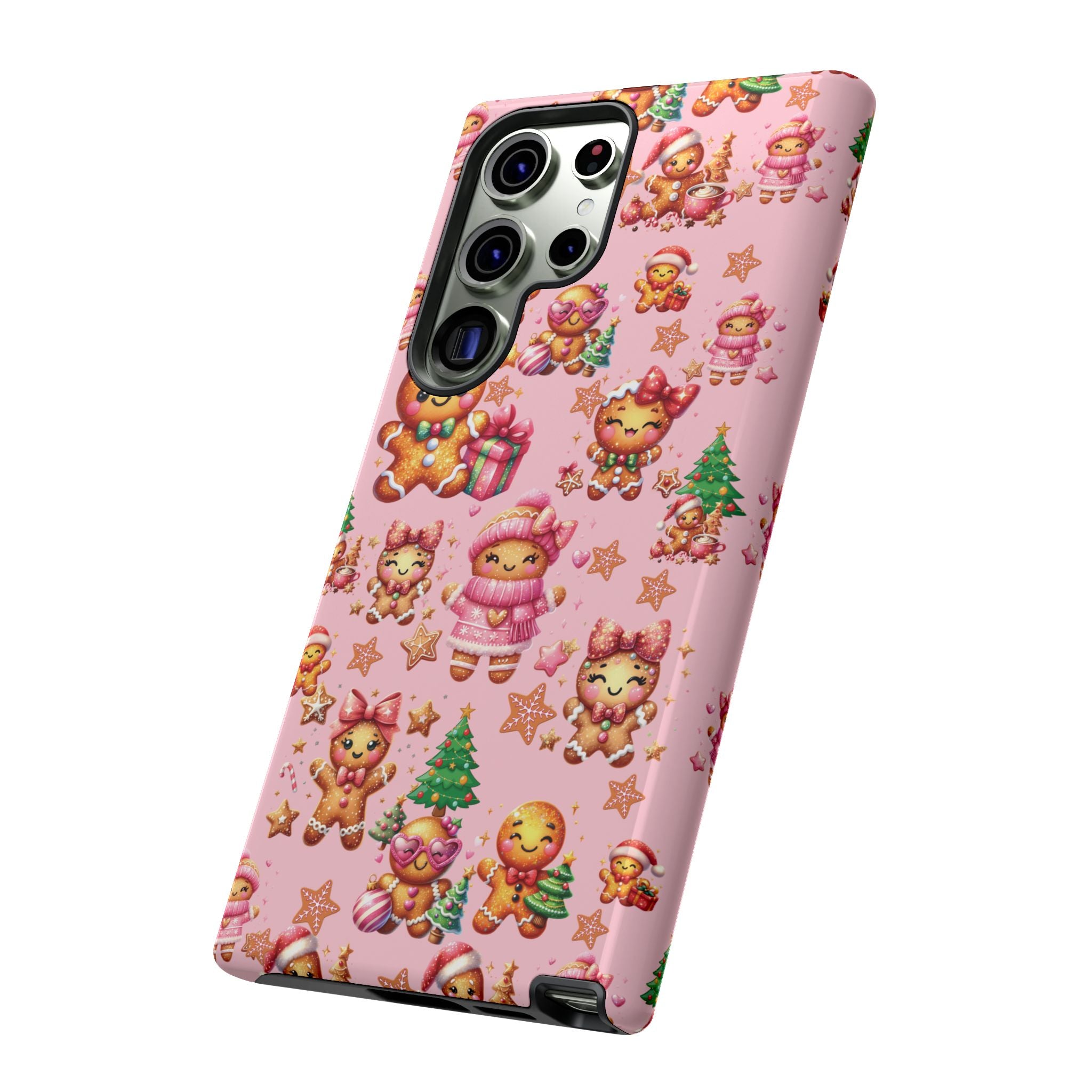 Coque de téléphone en forme de petite fille pain d'épices rose adorable, ambiance girly pour les fêtes, esthétique douce de Noël, idée cadeau mignonne et festive pour elle, housse de protection amusante