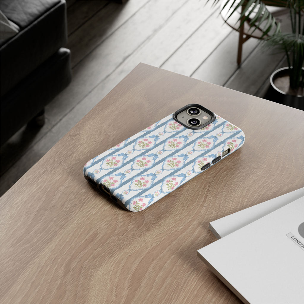 Coque de téléphone Vintage Nœud Bleu et Rose — Motif floral romantique « Tough Cases »