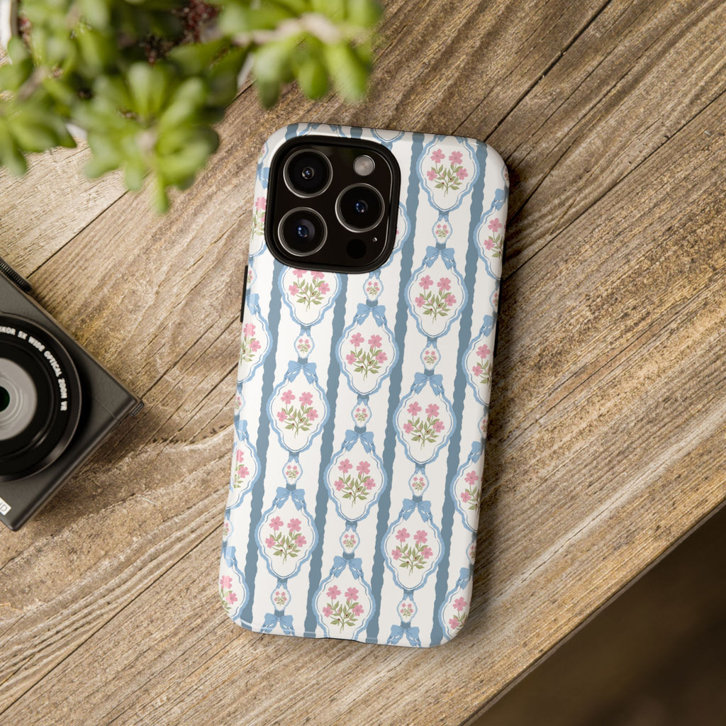 Coque de téléphone Vintage Nœud Bleu et Rose — Motif floral romantique « Tough Cases »