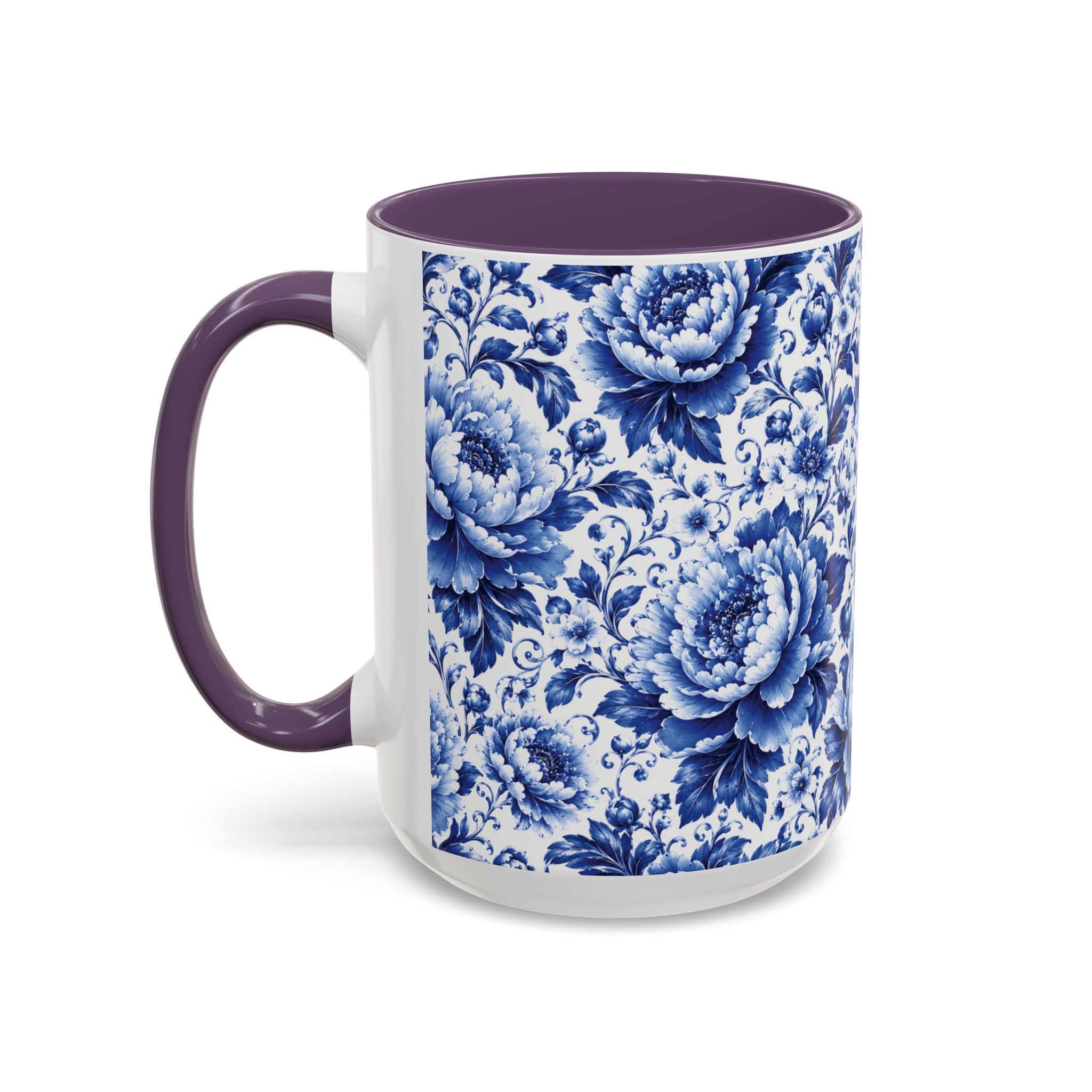 Blue Floral Ceramic Coffee Mug — Vintage Delft Peony Accent (11oz & 15oz) Blue & White Chinoiserie Tea Mug