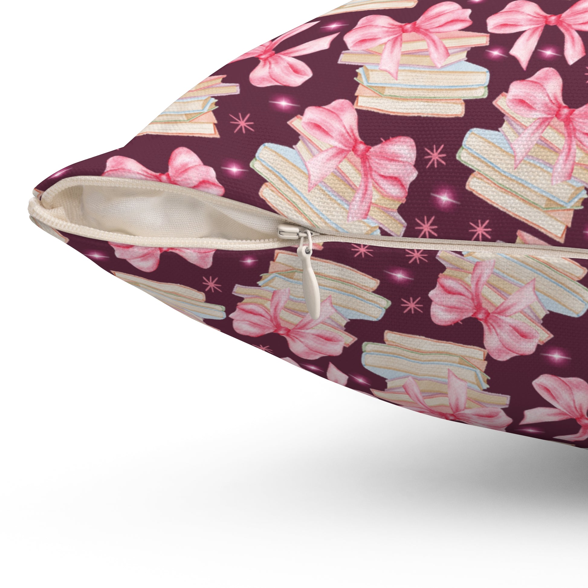 Boho Elegant Coquette Pink Bows & Books Square Pillow Vibrant Floral Design Soft and Stylish Decorative Throw Pillow for Boho-Inspired Home Décor Bridal Shower