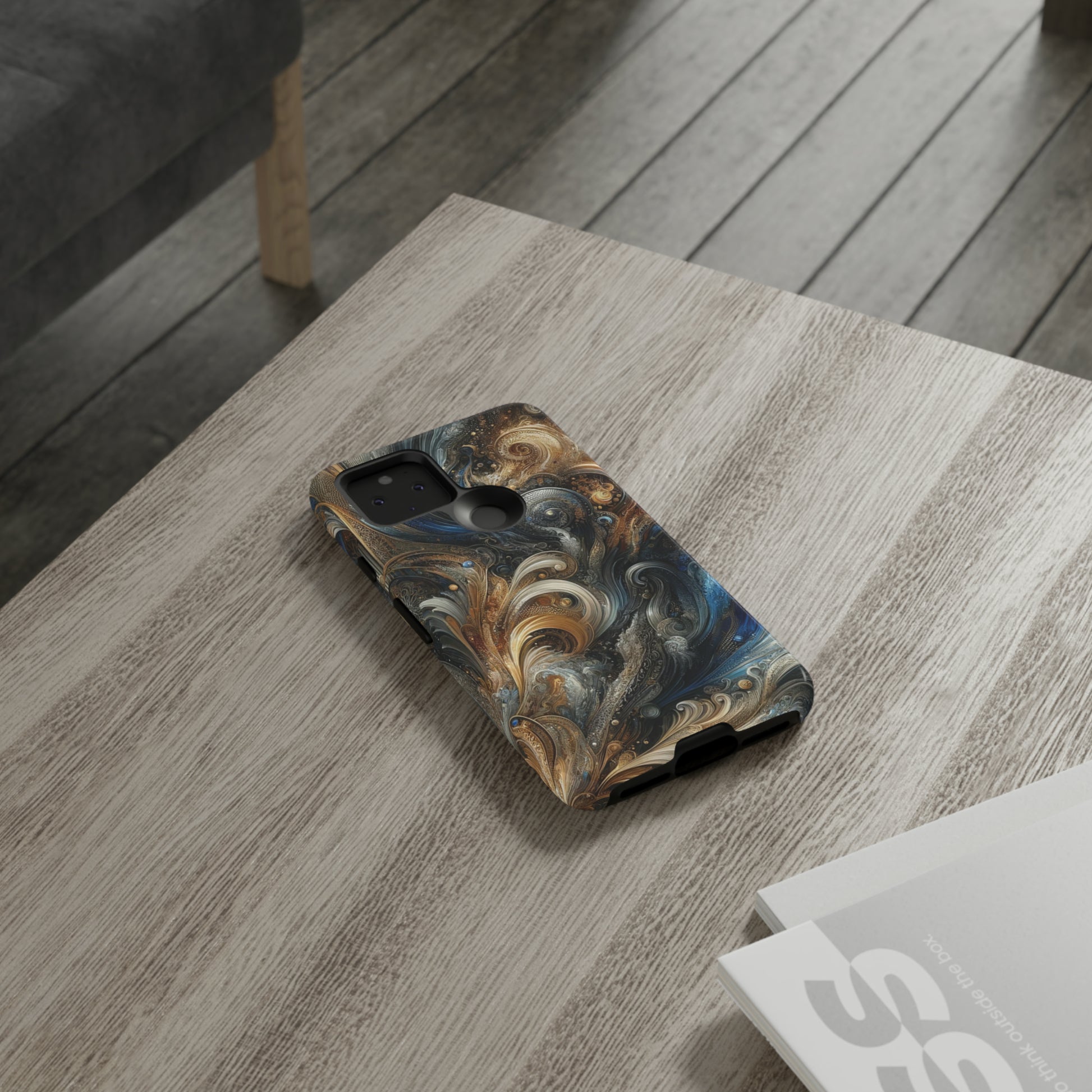 Gold and Navy Art Design Luxury Phone Tough Case Floral Elegant Durable Stylish for Modern Devices iPhone 15, Samsung iPhone Samsung Accessory Gift for Her.