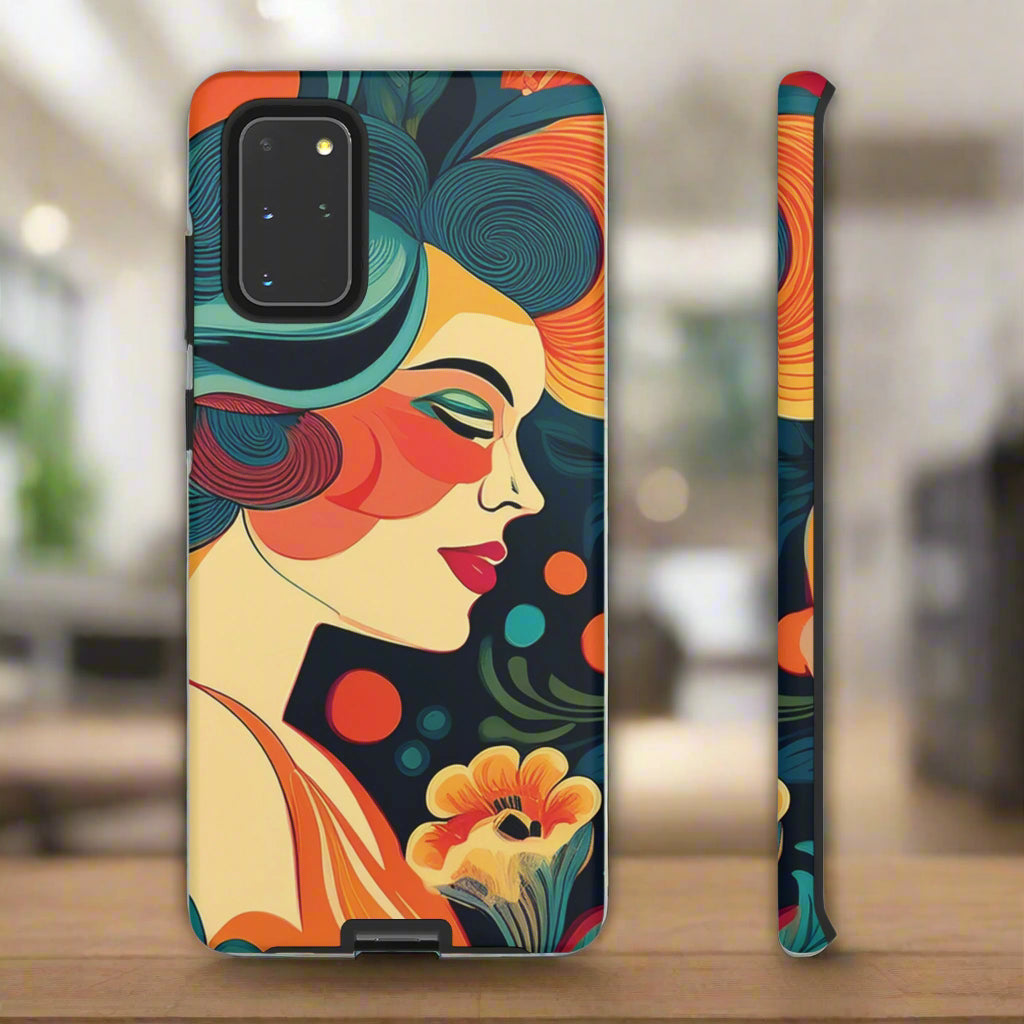 Phone case with colorful design of a woman's face and floral elements on a white background