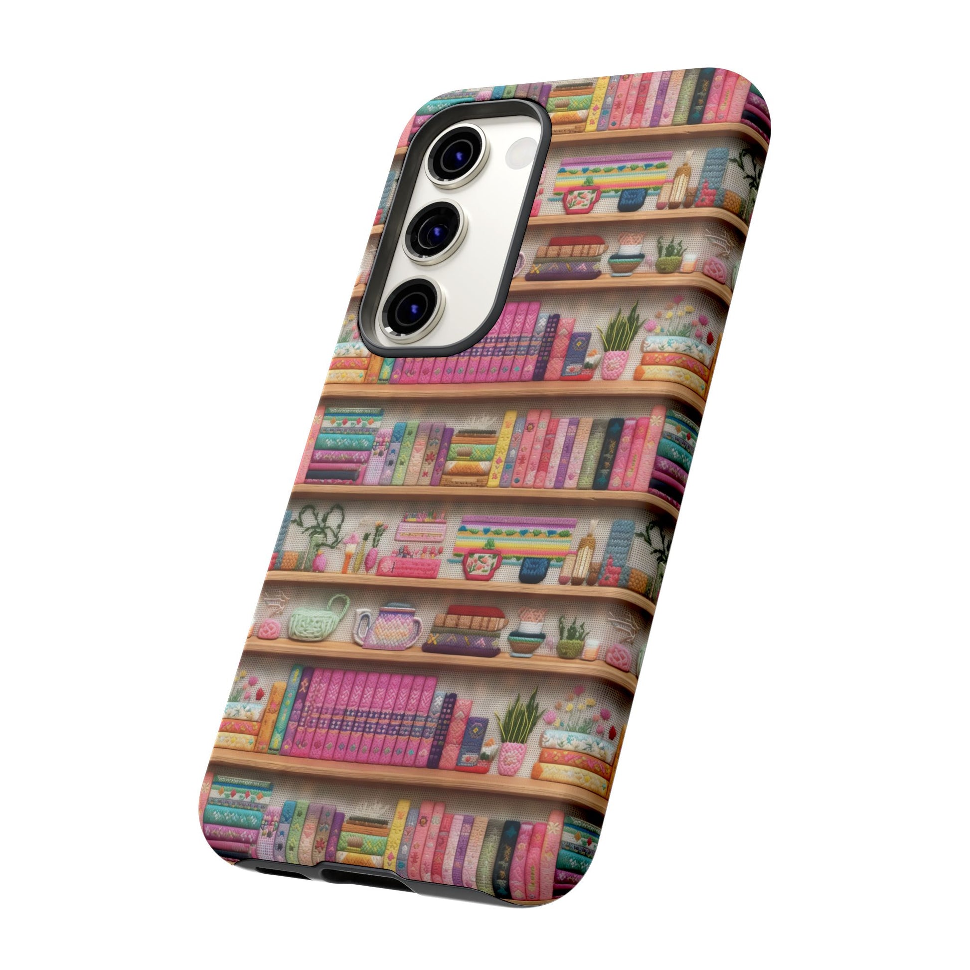 Whimsical 3D Embroidery Illusion Books on Pastel Shelves Phone Case for iPhone, Samsung & Pixel: Unique Accessory for Literary Enthusiasts Gift for Her Perfect for Floral Lover